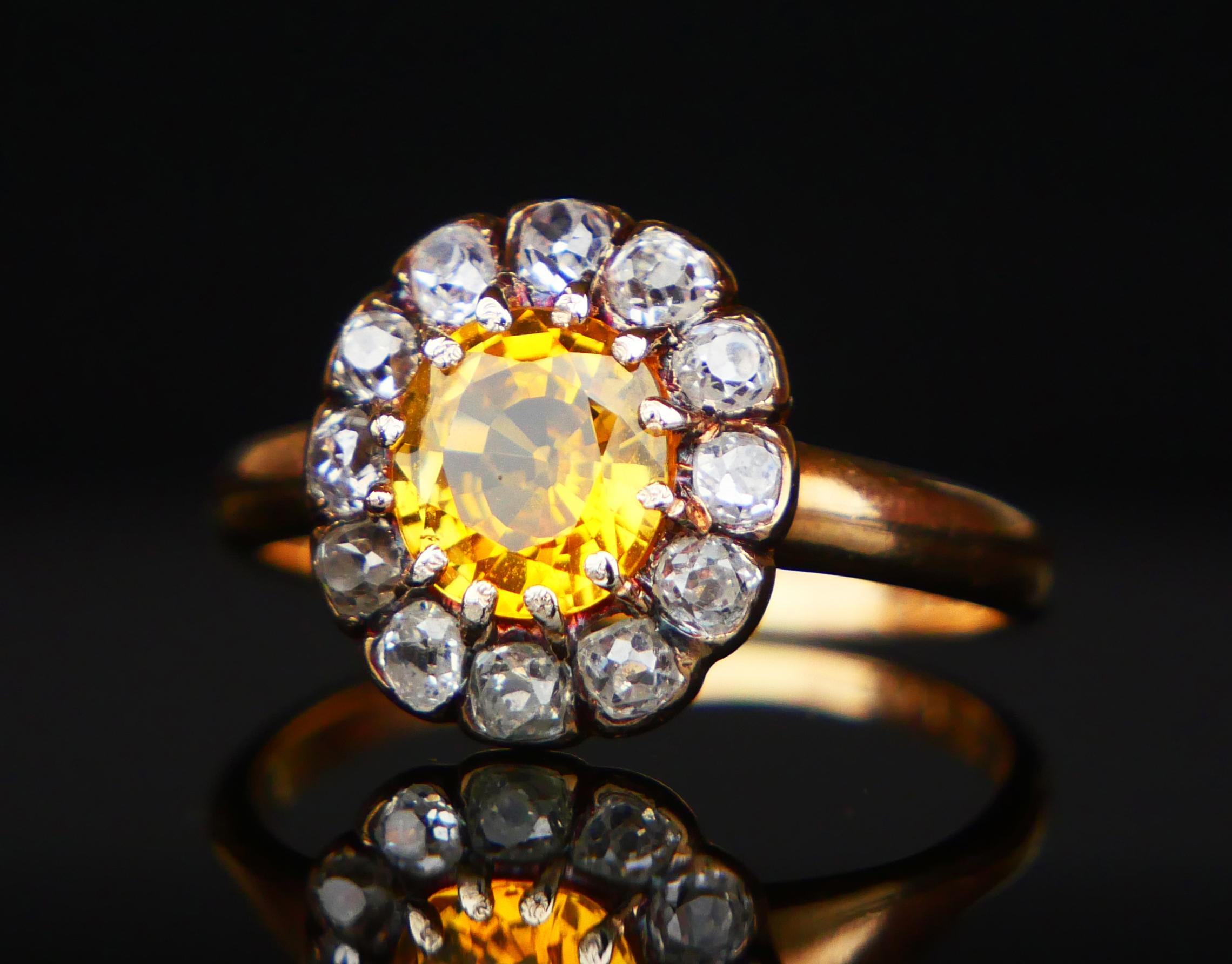 Old European Cut 1951 Ring natural 1.75ct Yellow Sapphire 1ctw Diamonds 18K Gold ØUS7.25 / 4.25gr For Sale