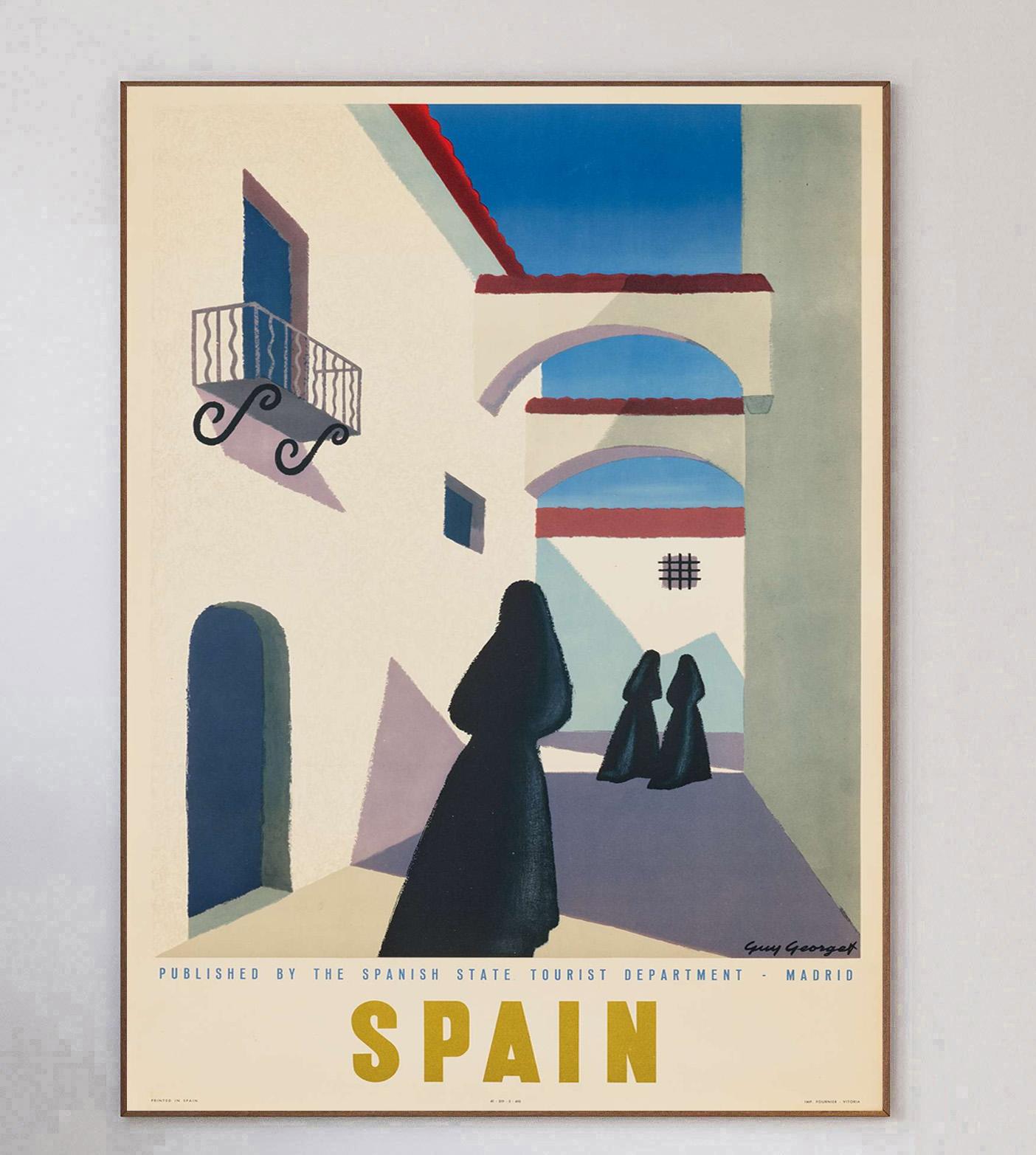 Con una favolosa opera d'arte dell'artista francese Guy Georget, che ha lavorato su molti manifesti di viaggio dell'epoca, questo poster che promuove gli itinerari verso la Spagna è stato creato nel 1951.

Disegnato per l'Ente del Turismo Spagnolo,