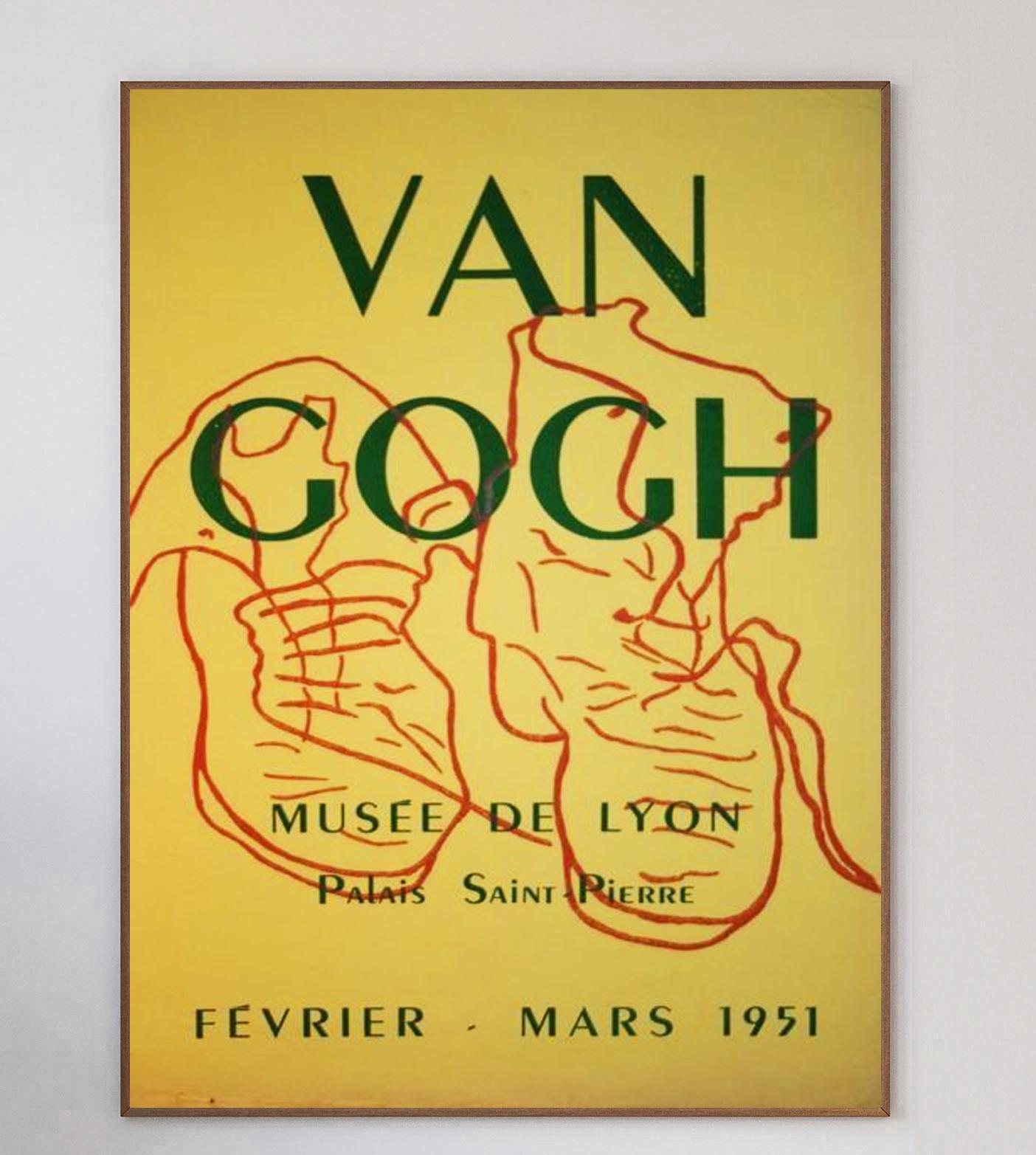 Beautiful poster advertising an exhibition of the legendary Dutch expressionist painter Vincent Van Gogh. Held at the Musee De Lyon in France between February and March 1951, this vibrant piece depicts a simplified line sketch of his 1886 painting
