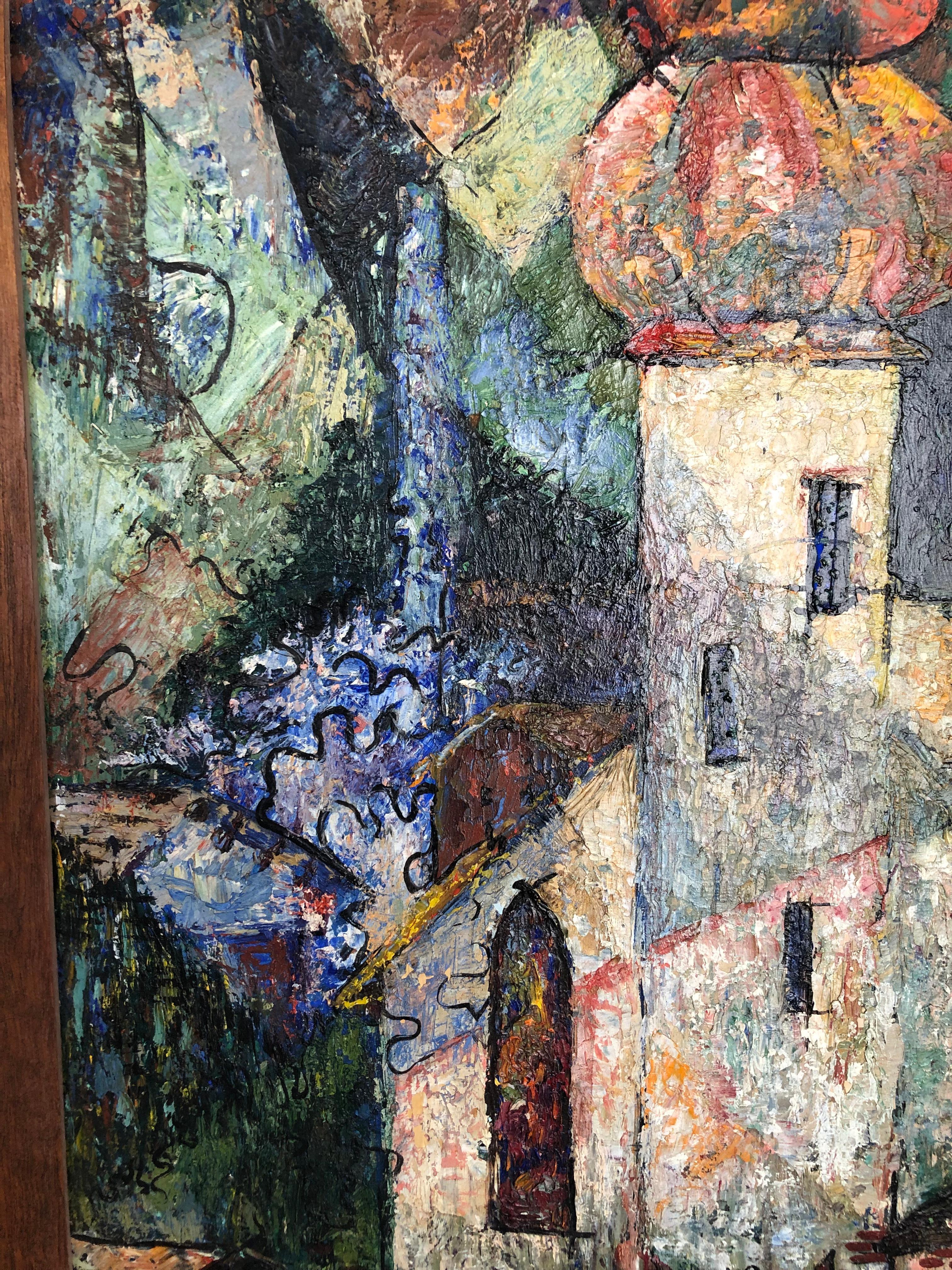  Kubistisches Gemälde auf Karton von Edward M. Brownlee mit dem Titel „Auf Tirol“ aus dem Jahr 1952. (Expressionismus) im Angebot