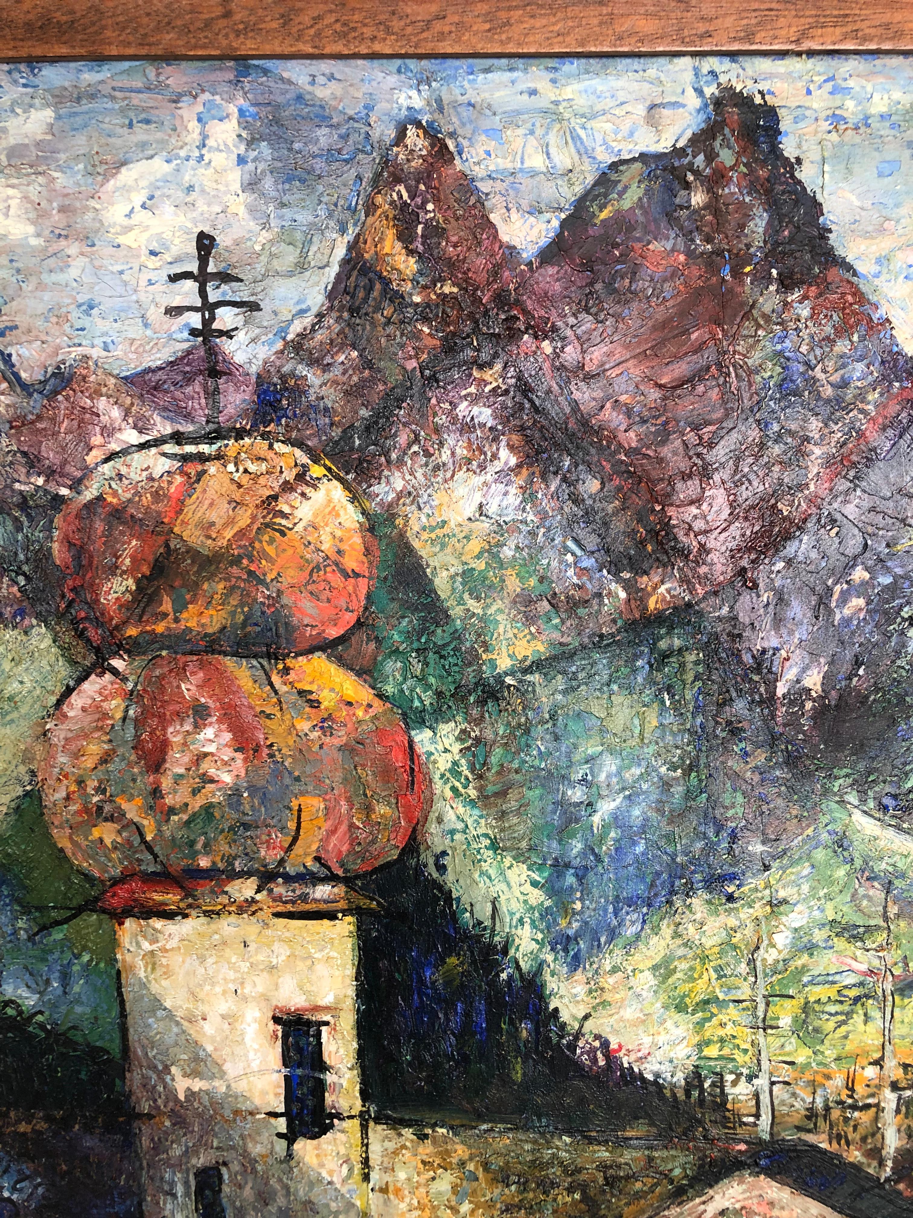  Kubistisches Gemälde auf Karton von Edward M. Brownlee mit dem Titel „Auf Tirol“ aus dem Jahr 1952. im Angebot 1