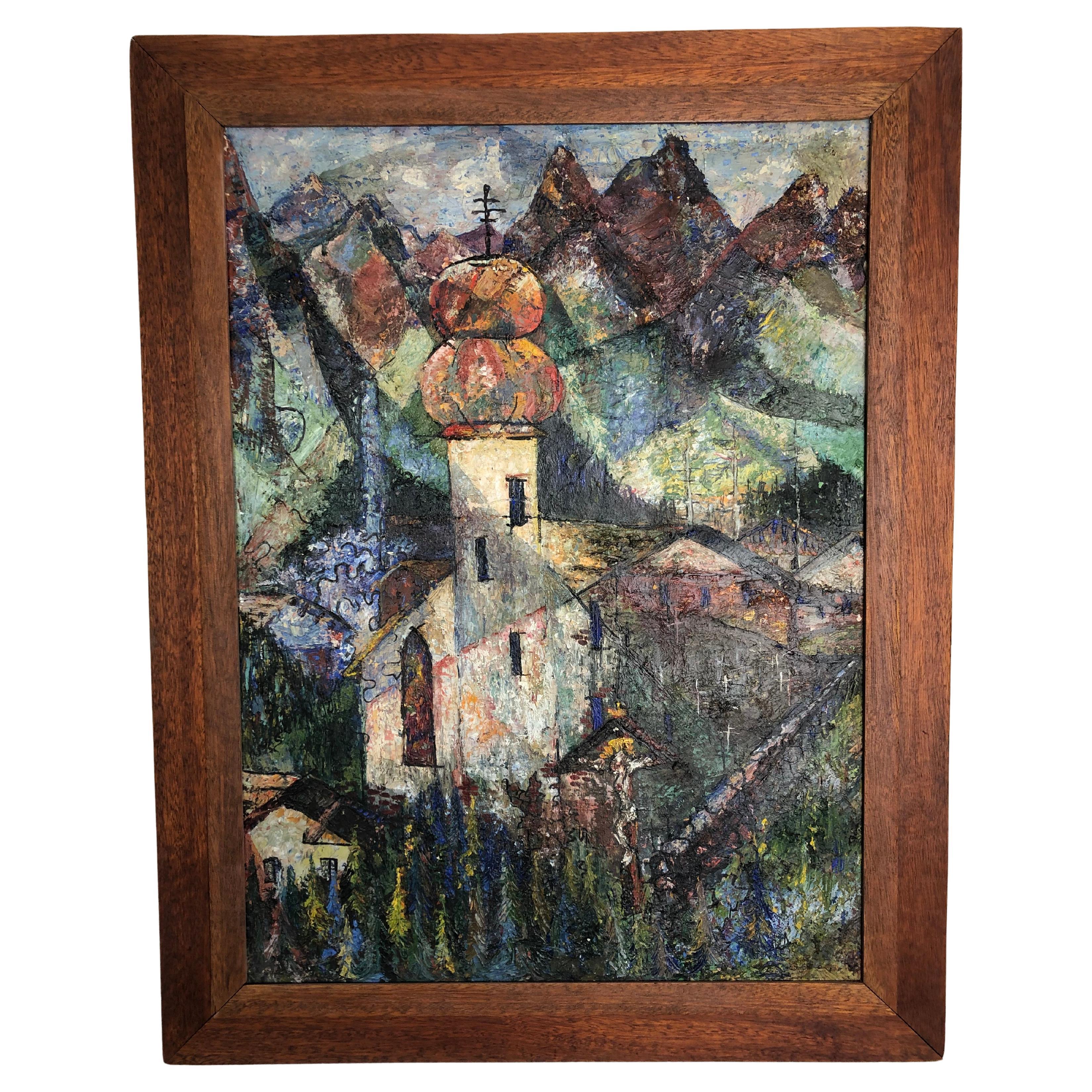 1952 Cubist, Oil on Board Painting, by Edward M. Brownlee Titled "Auf Tirol"