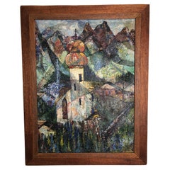  Edward M. Brownlee Titled "Auf Tirol" 1952 Cubist, Oil on Board Painting.