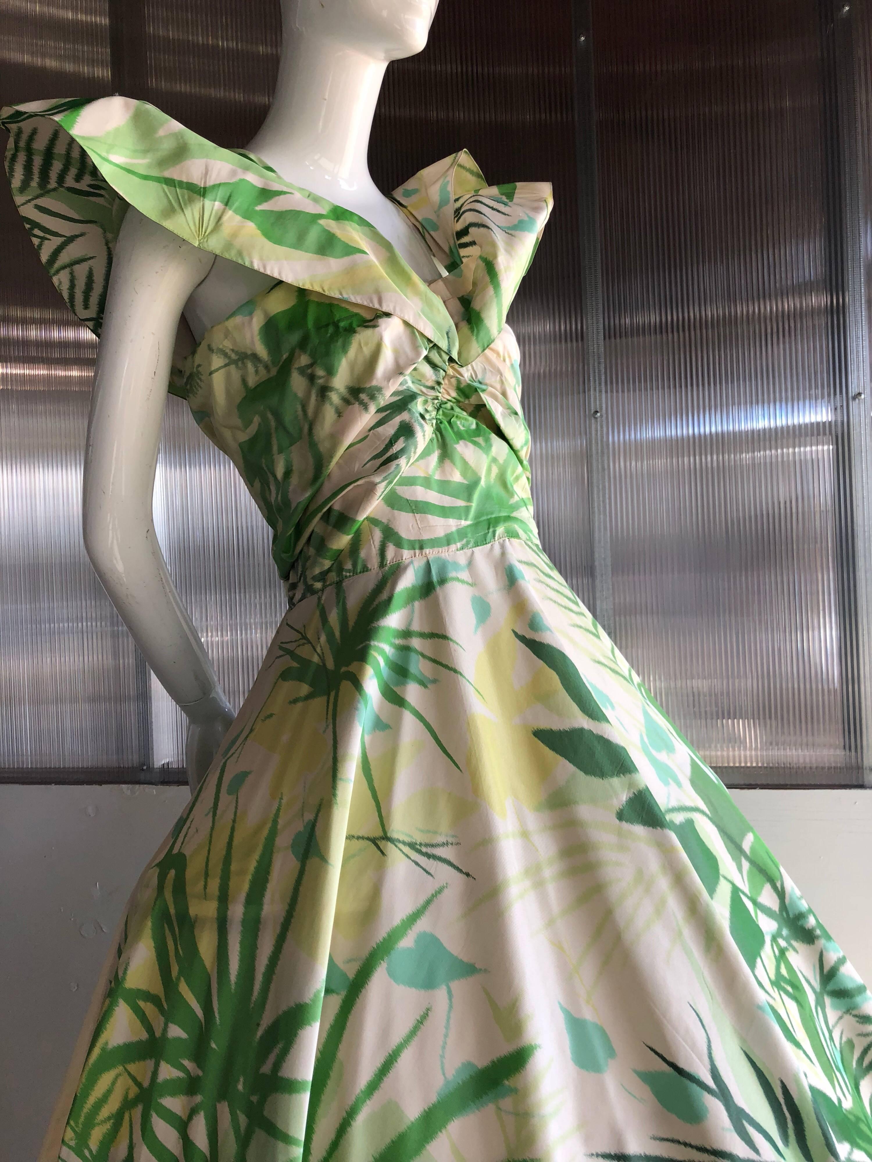Adrian Original Full Skirted Summer Print Ball Gown with Winged Shoulders, 1952 1