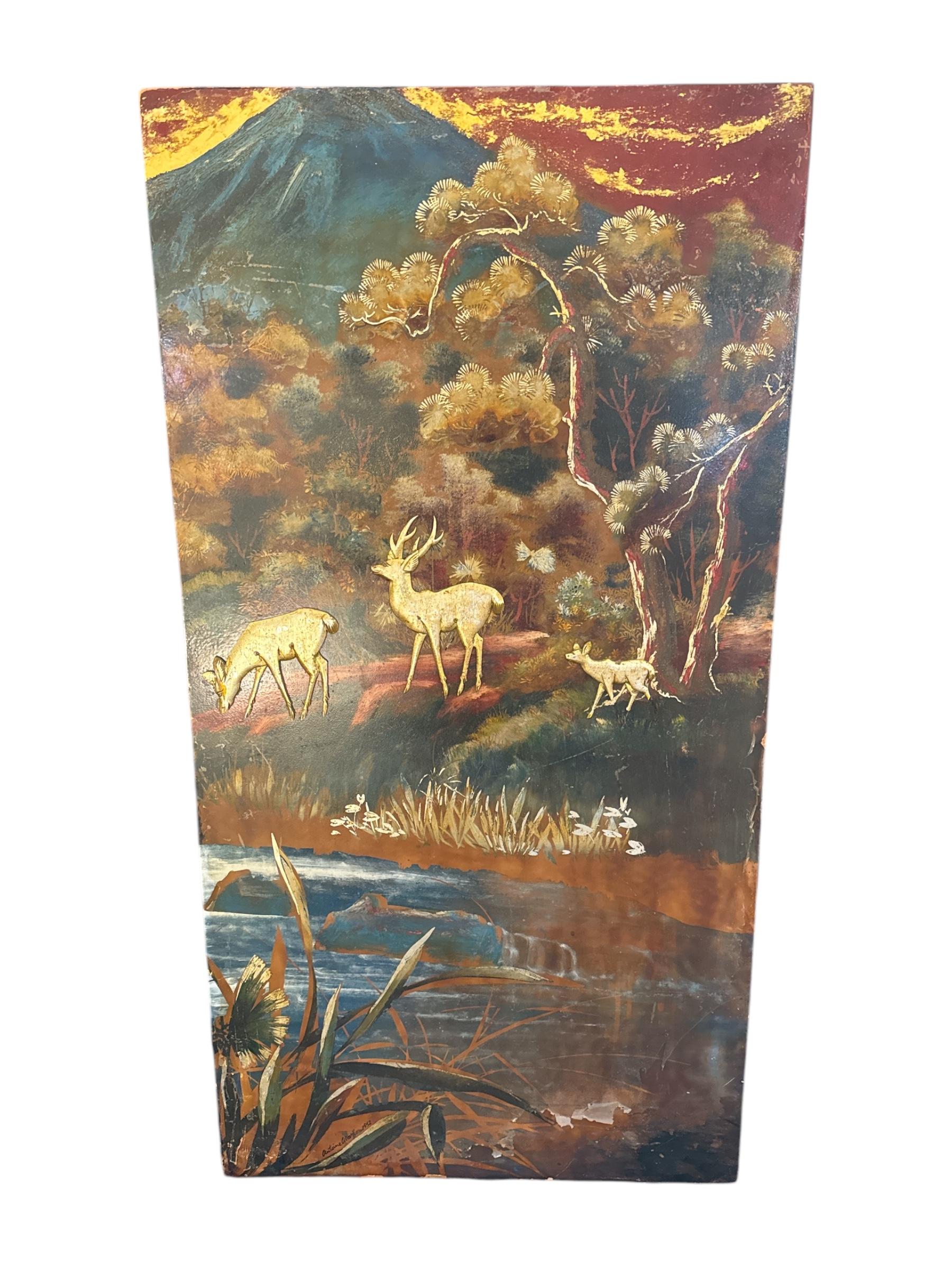 This exquisite 1952 Antoine Alarie hand-painted artwork is a timeless blend of classic artistry and opulent elegance. Crafted with meticulous attention to detail, the painting features a stunning interplay of rich colors, fine brushwork, and