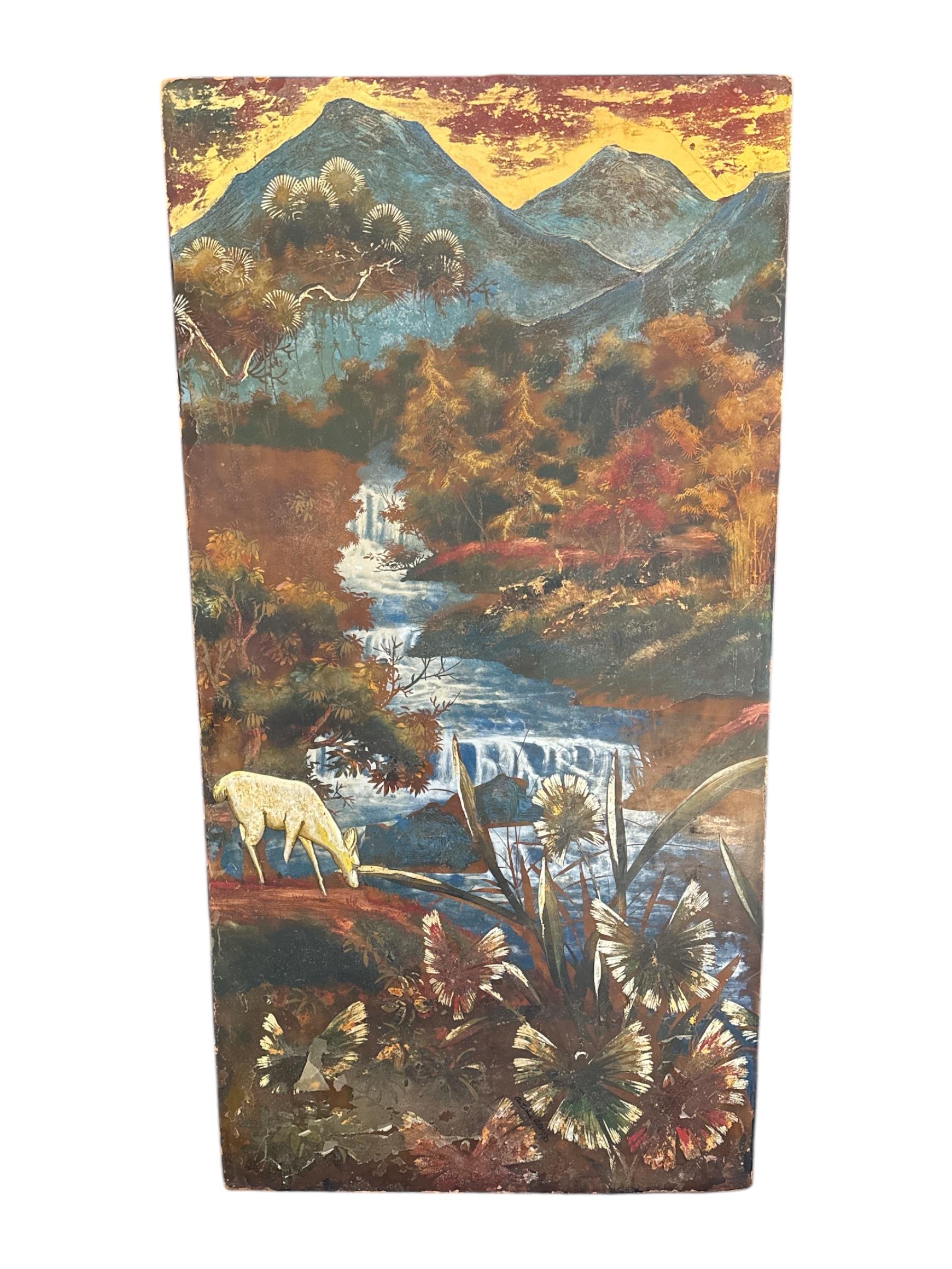 American 1952 Antoine Alarie Signed Painting With Gold Leaves For Sale
