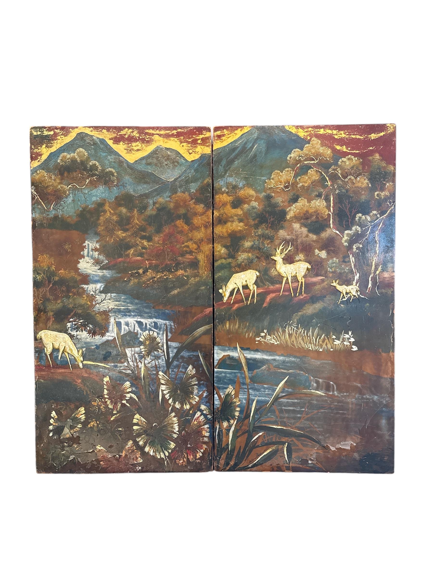 1952 Antoine Alarie Signed Painting With Gold Leaves In Excellent Condition For Sale In Pasadena, CA
