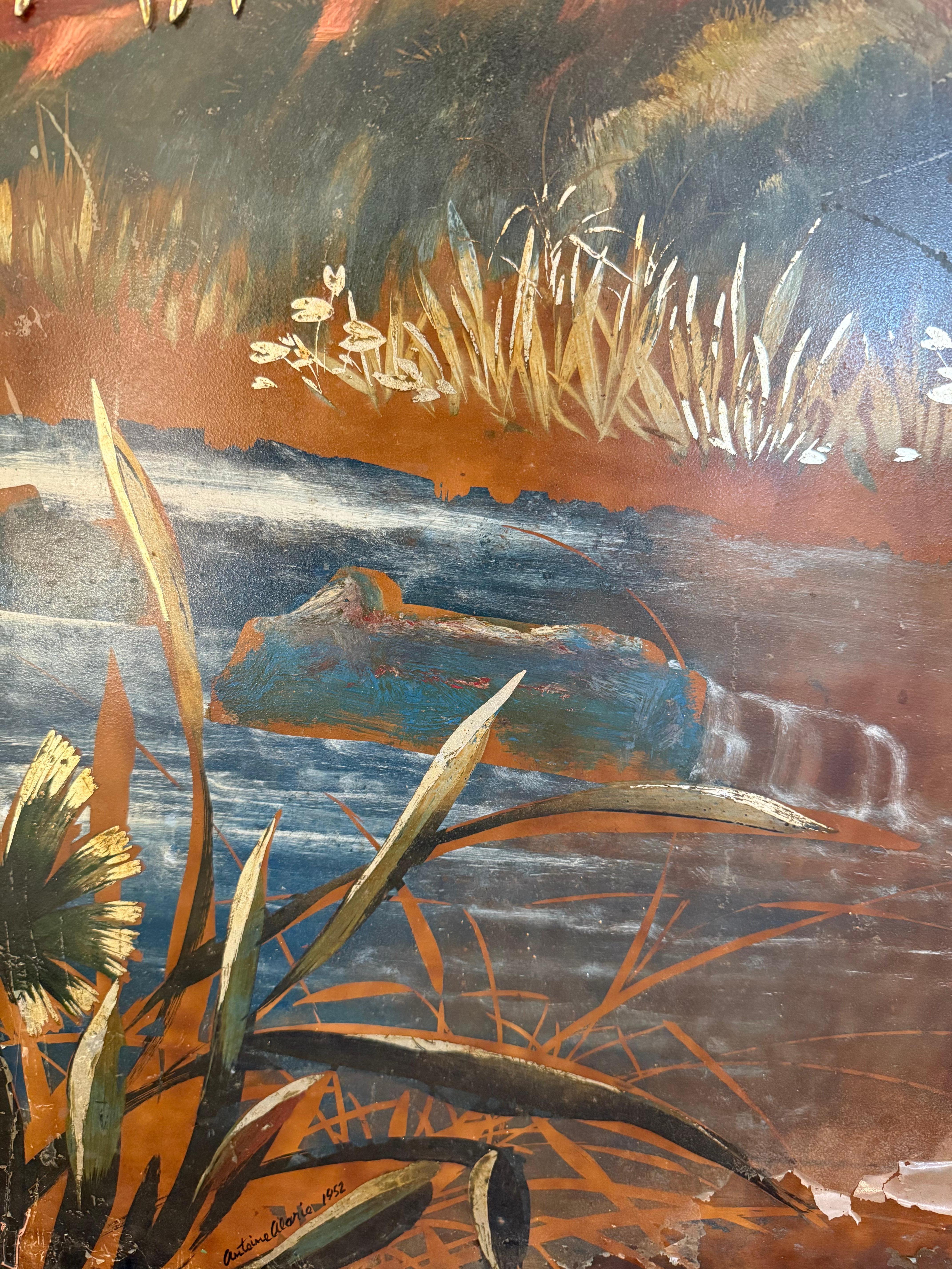 1952 Antoine Alarie Signed Painting With Gold Leaves For Sale 1