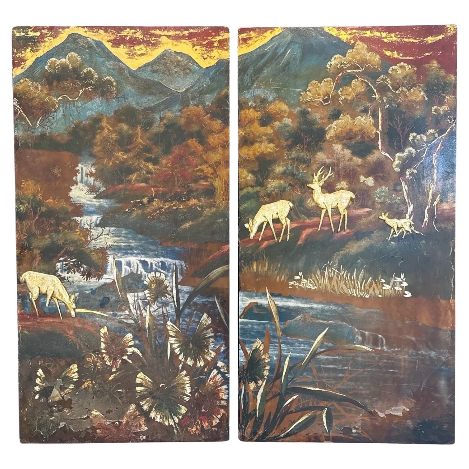 1952 Antoine Alarie Signed Painting With Gold Leaves For Sale