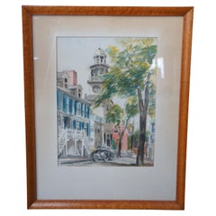 1952 George C Thomas II Nantucket Orange Street Watercolor Painting Birdseye