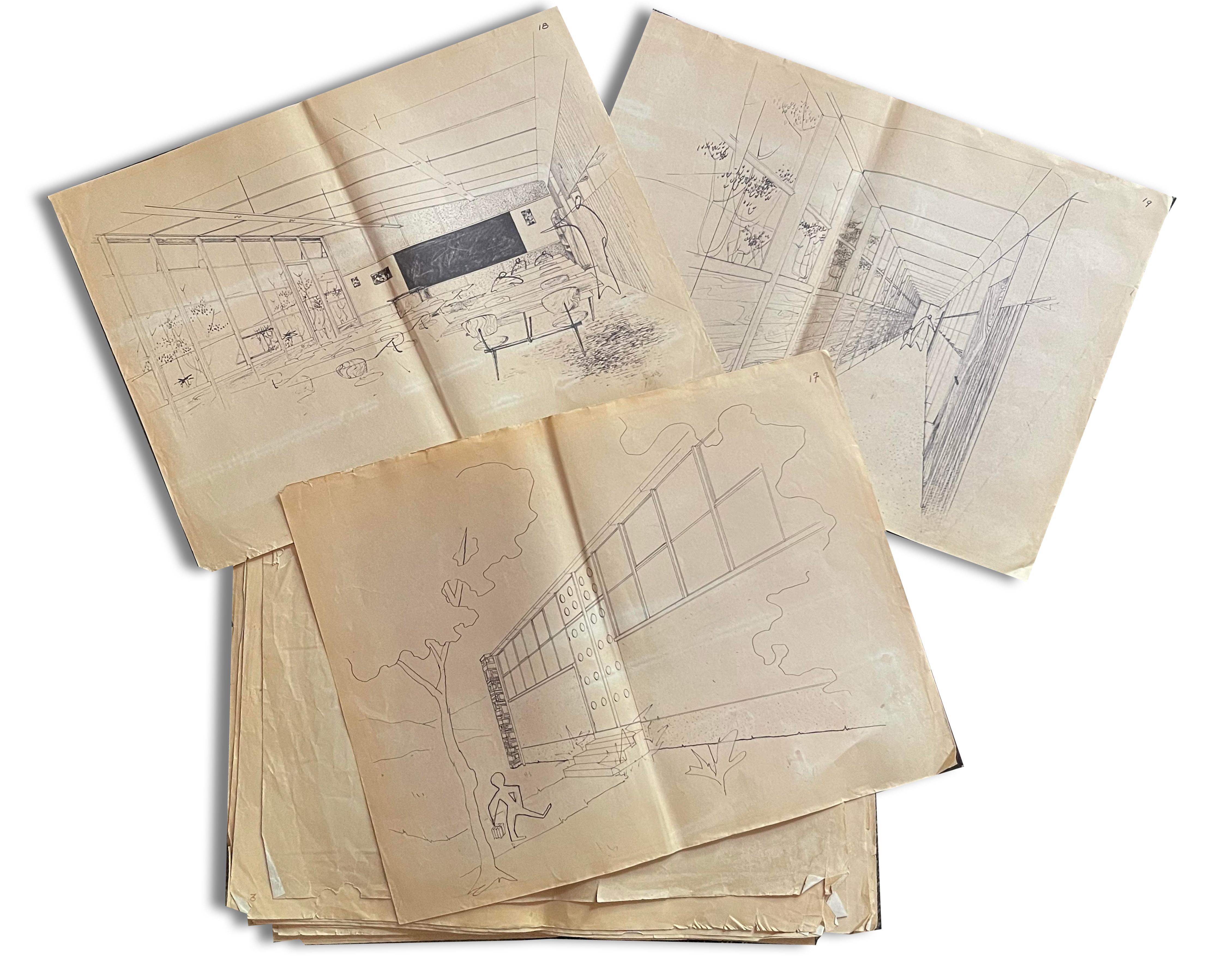 Very rare set of 22 documents from 1952 about school building made by Jean Prouvé. 
Some similar draws are in the collection of Museum Pompidou in Paris. 
ref. school city Dieulouard. 
size of each documents 36 x 30 cm. 
technicals plans of