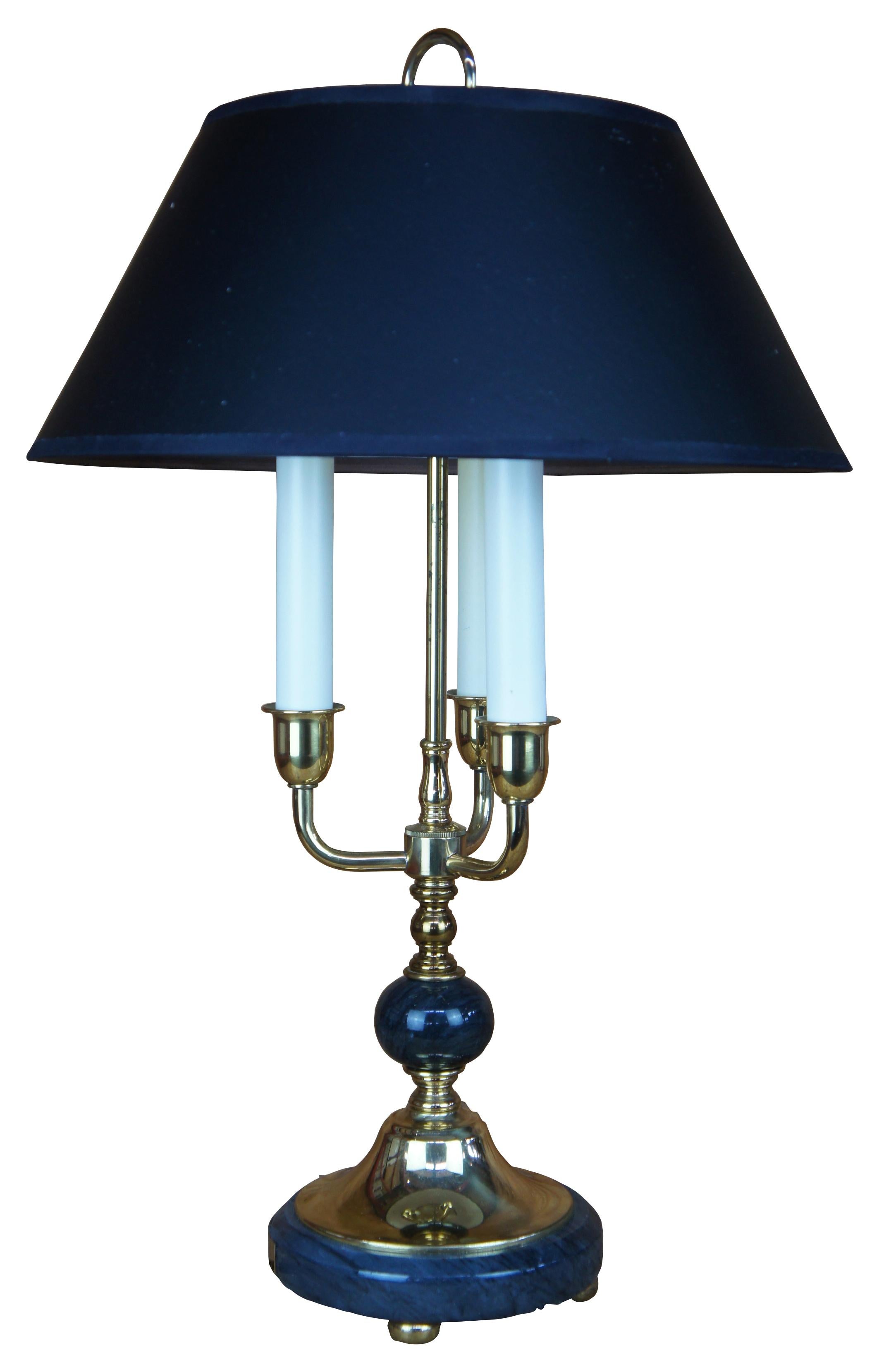 Mid-century Sirrica desk or library lamp. Made of brass and marble featuring footed base with round Bouillotte style form, three candlesticks, and black parchment shade marked with Rutgers logo / crest / seal. A gift / trophy to commemorate the