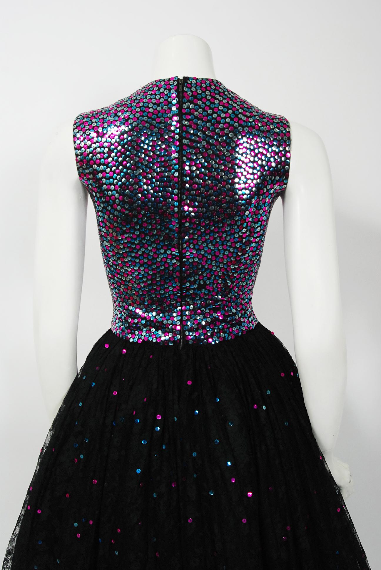 1955 Norman Norell Couture Documented Iridescent Sequin Chantilly-Lace Dress 5