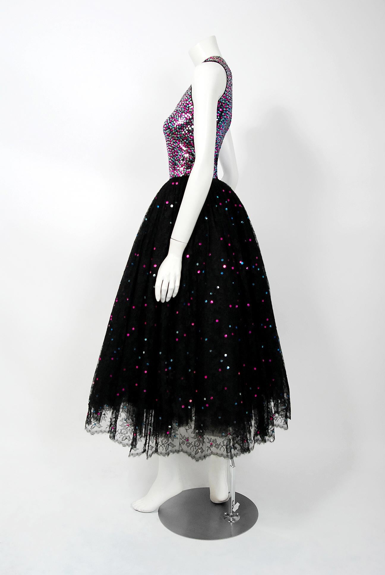 1955 Norman Norell Couture Documented Iridescent Sequin Chantilly-Lace Dress 1