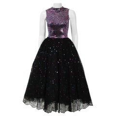 Retro 1955 Norman Norell Couture Documented Iridescent Sequin Chantilly-Lace Dress