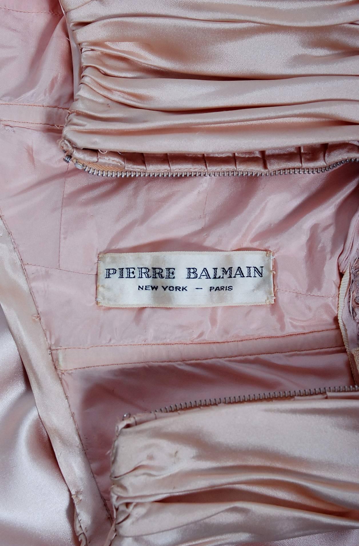 Vintage 1952 Pierre Balmain Couture Pale-Pink Silk Lace Strapless Trained Gown 2