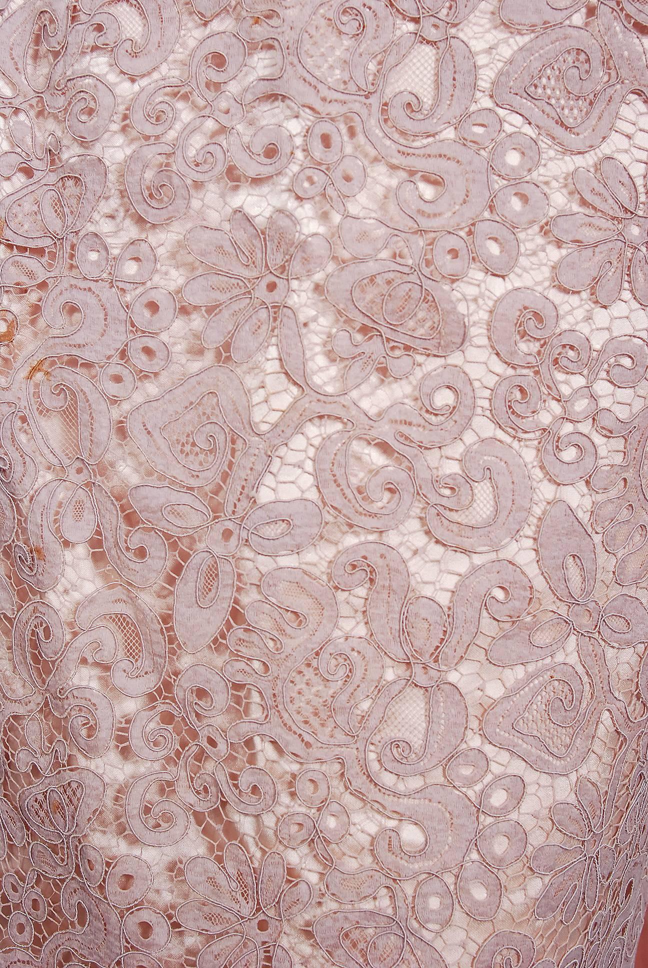 Brown Vintage 1952 Pierre Balmain Couture Pale-Pink Silk Lace Strapless Trained Gown 