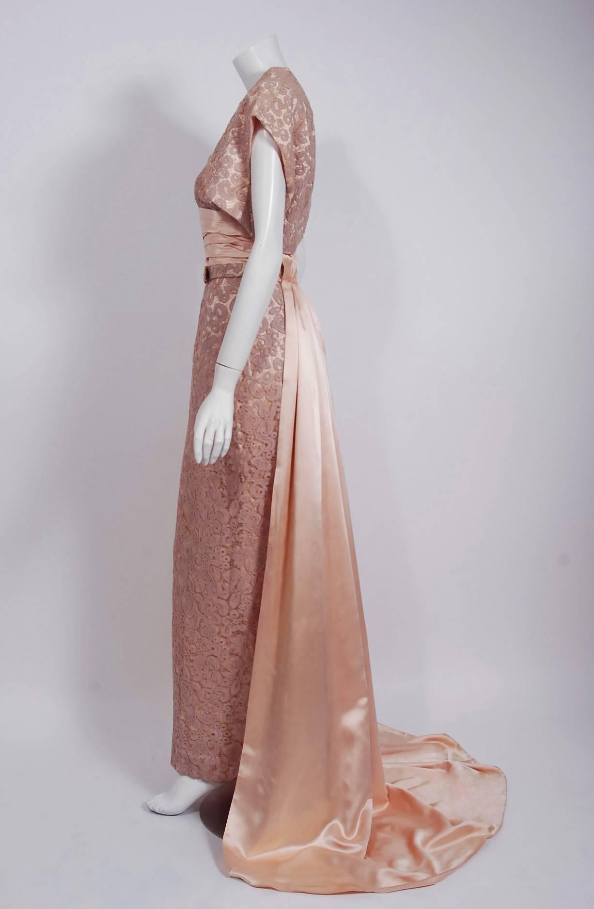 Women's Vintage 1952 Pierre Balmain Couture Pale-Pink Silk Lace Strapless Trained Gown 