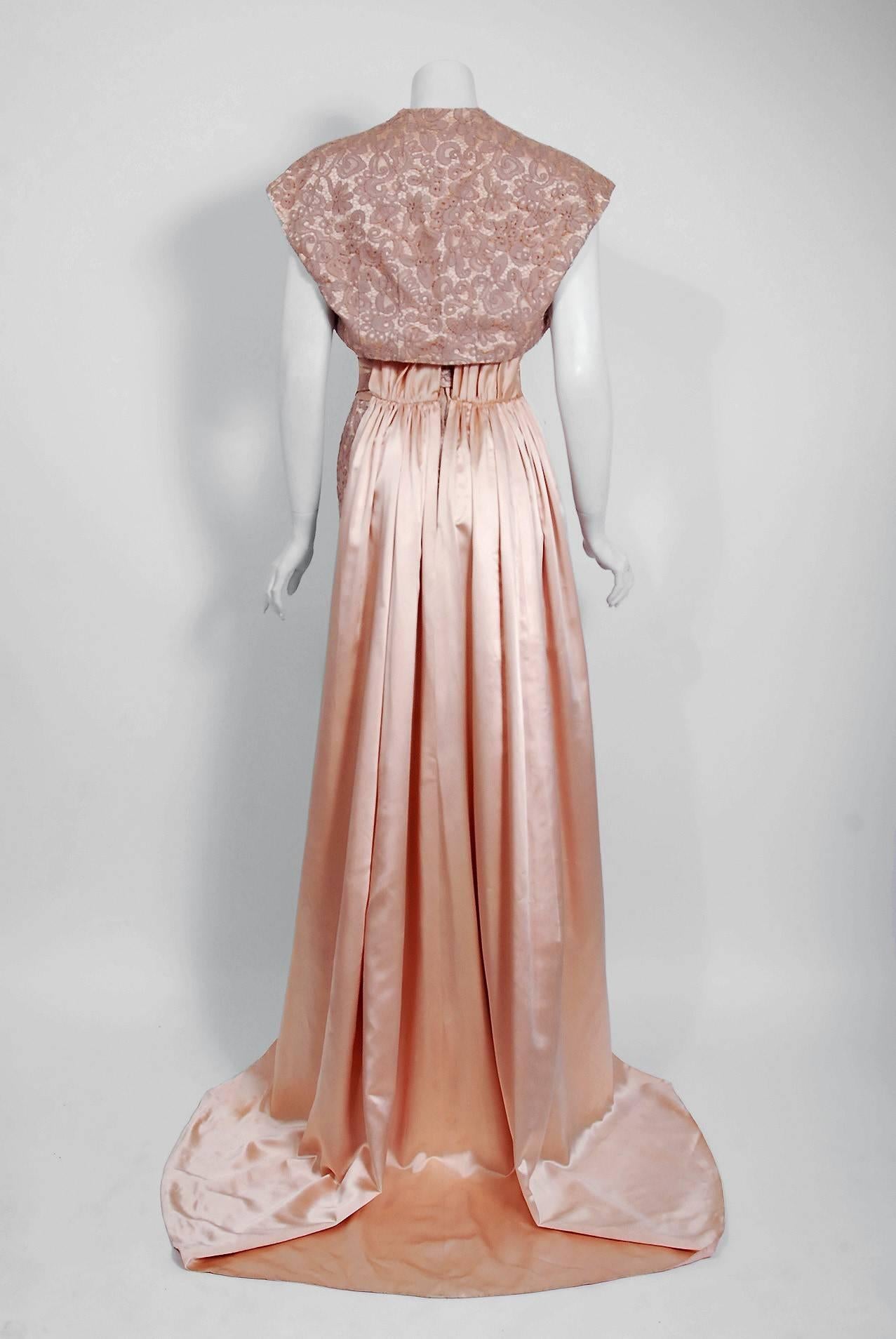 Vintage 1952 Pierre Balmain Couture Pale-Pink Silk Lace Strapless Trained Gown  1