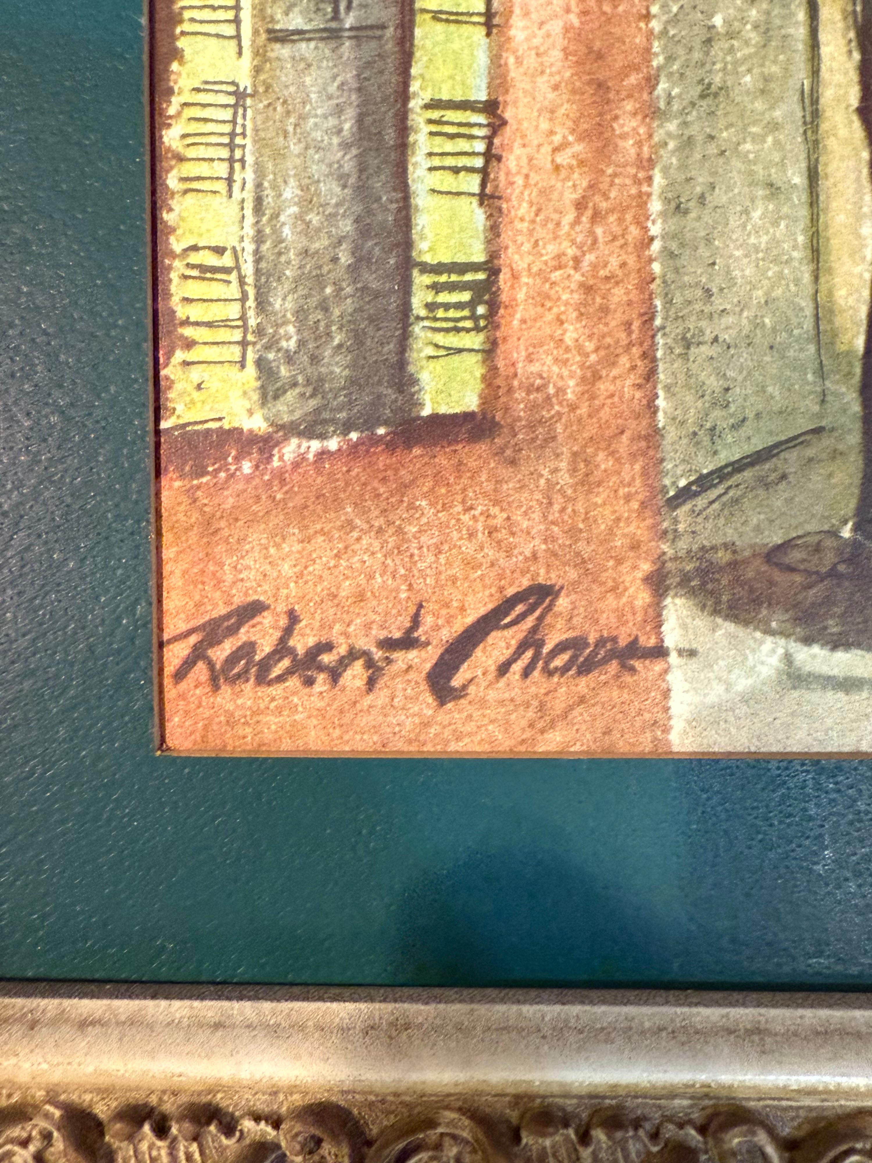 Bring timeless European charm to your space with this delightful 1952 original painting titled La Rue Tranquille by Robert Chase. Capturing a serene cobblestone street scene lined with quaint buildings, arched windows, and a peaceful hotel backdrop,