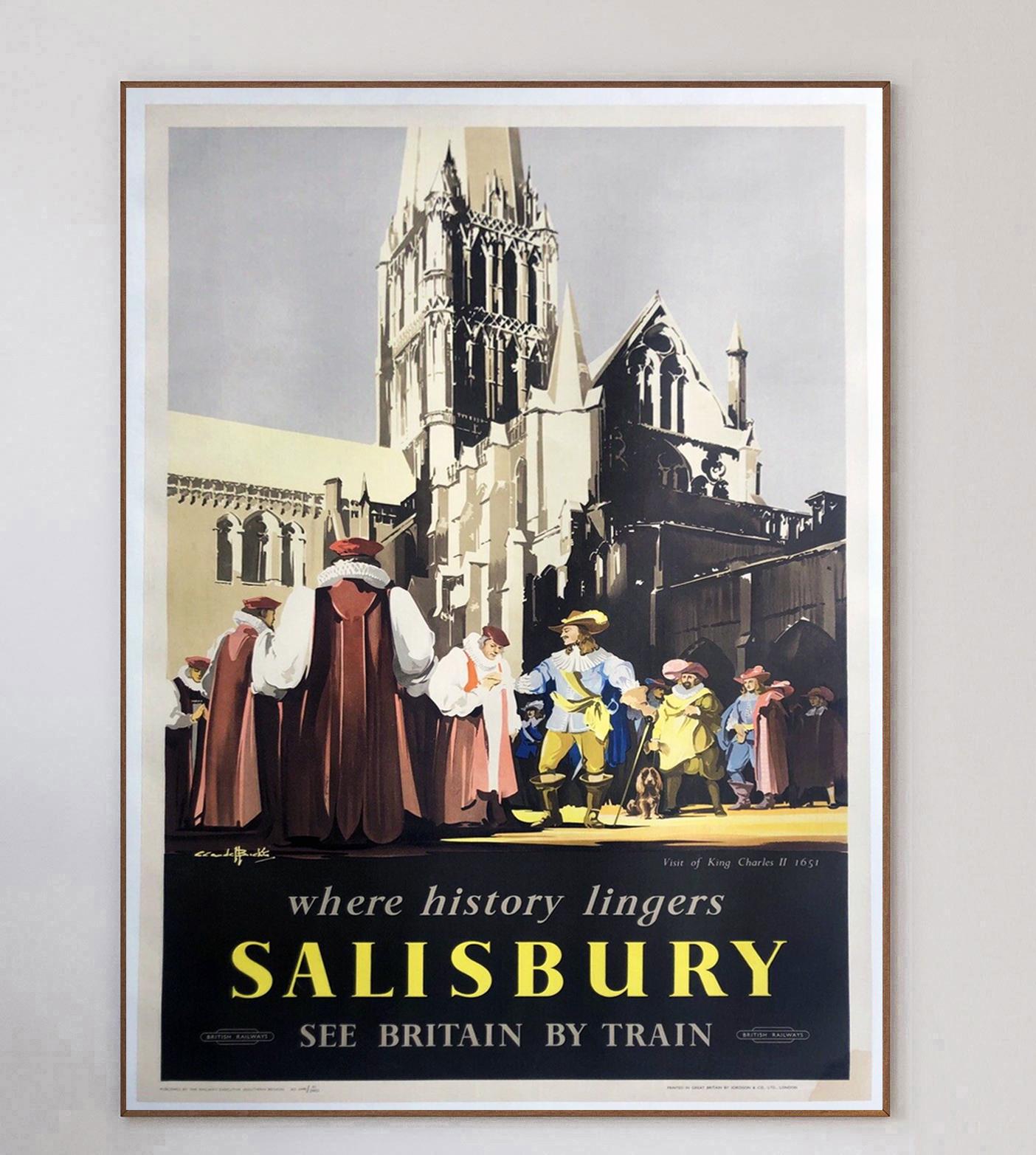Showing the visit of King Charles II in 1651, this wonderful poster was part of a small series by the company with artwork from Claude Henry Buckle to promote the historical significance of British cities.

With Salisbury Cathedral in the backdrop