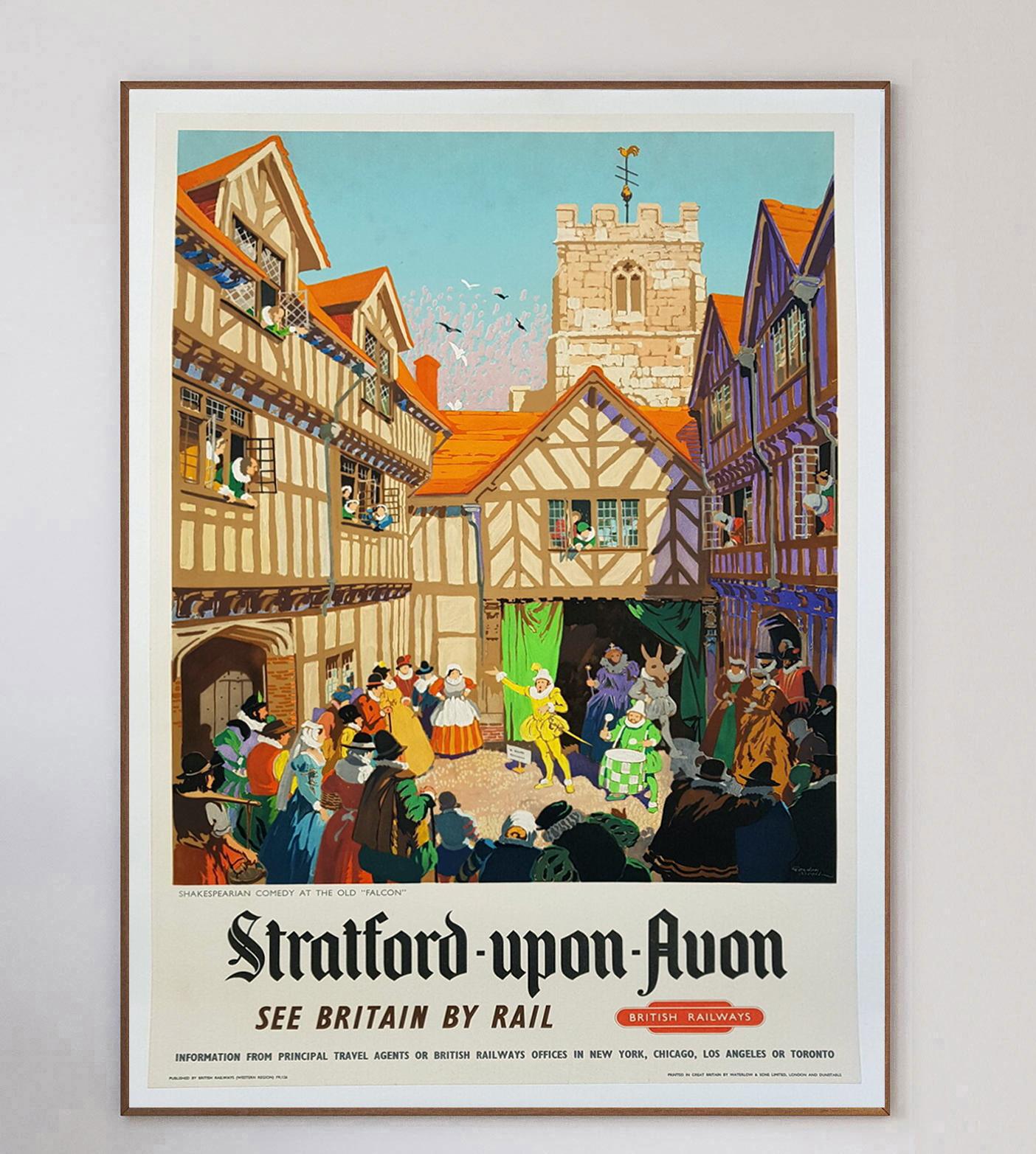 This beautiful & rare poster was created in 1952, advertising British Railways routes to Stratford-upon-Avon in Warwickshire, England. With vibrant artwork by Gordon William Nicoll (1888-1959) depicting a scene of people enjoying the Shakespeare
