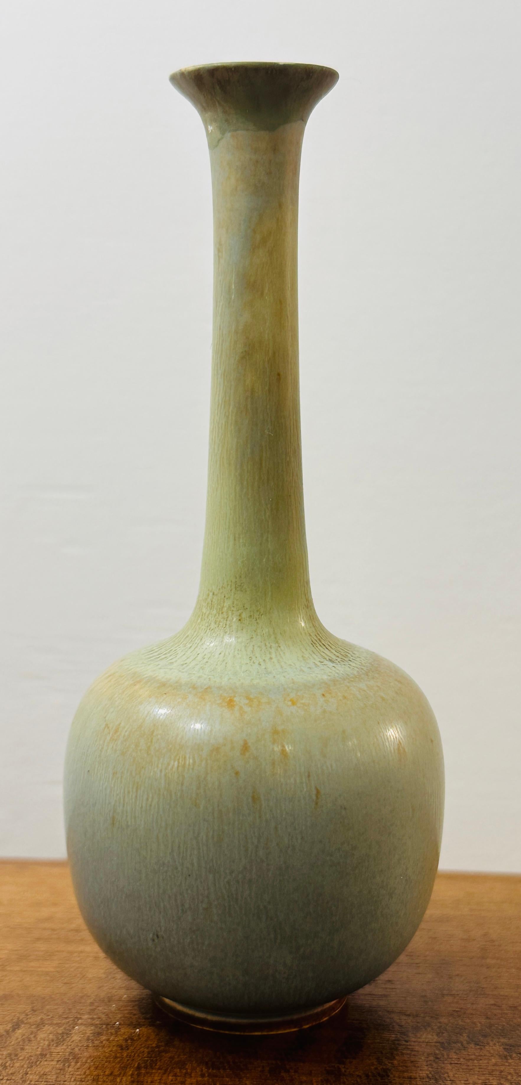 Glazed 1952 Swedish Light Brown-Green Stoneware Vase by Berndt Friberg for Gustavsberg For Sale