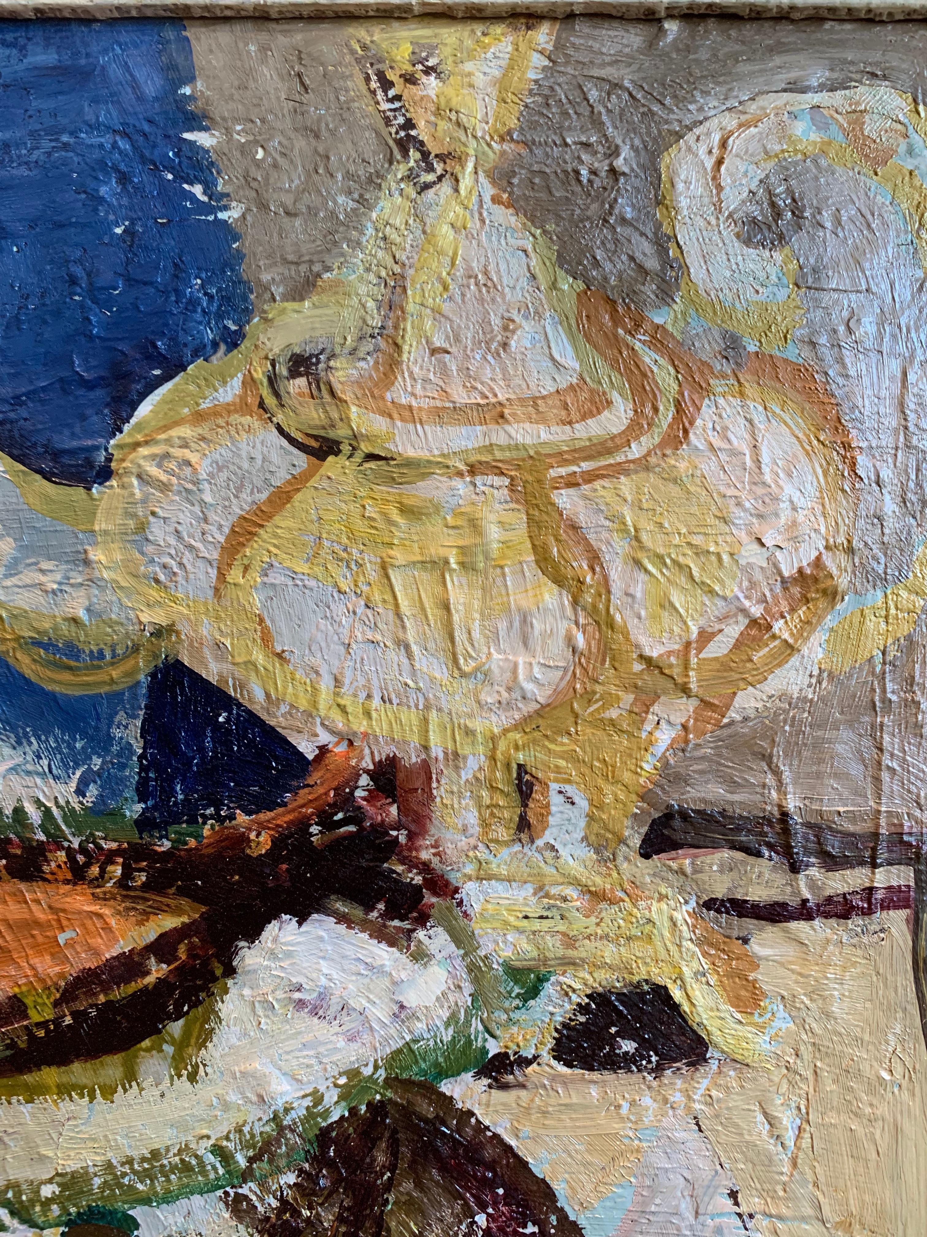 Mid-Century moderno 1952 Olio svedese su tavola di Hans Larsson (1910-1973) raffigurante una teiera e un'aringa in vendita