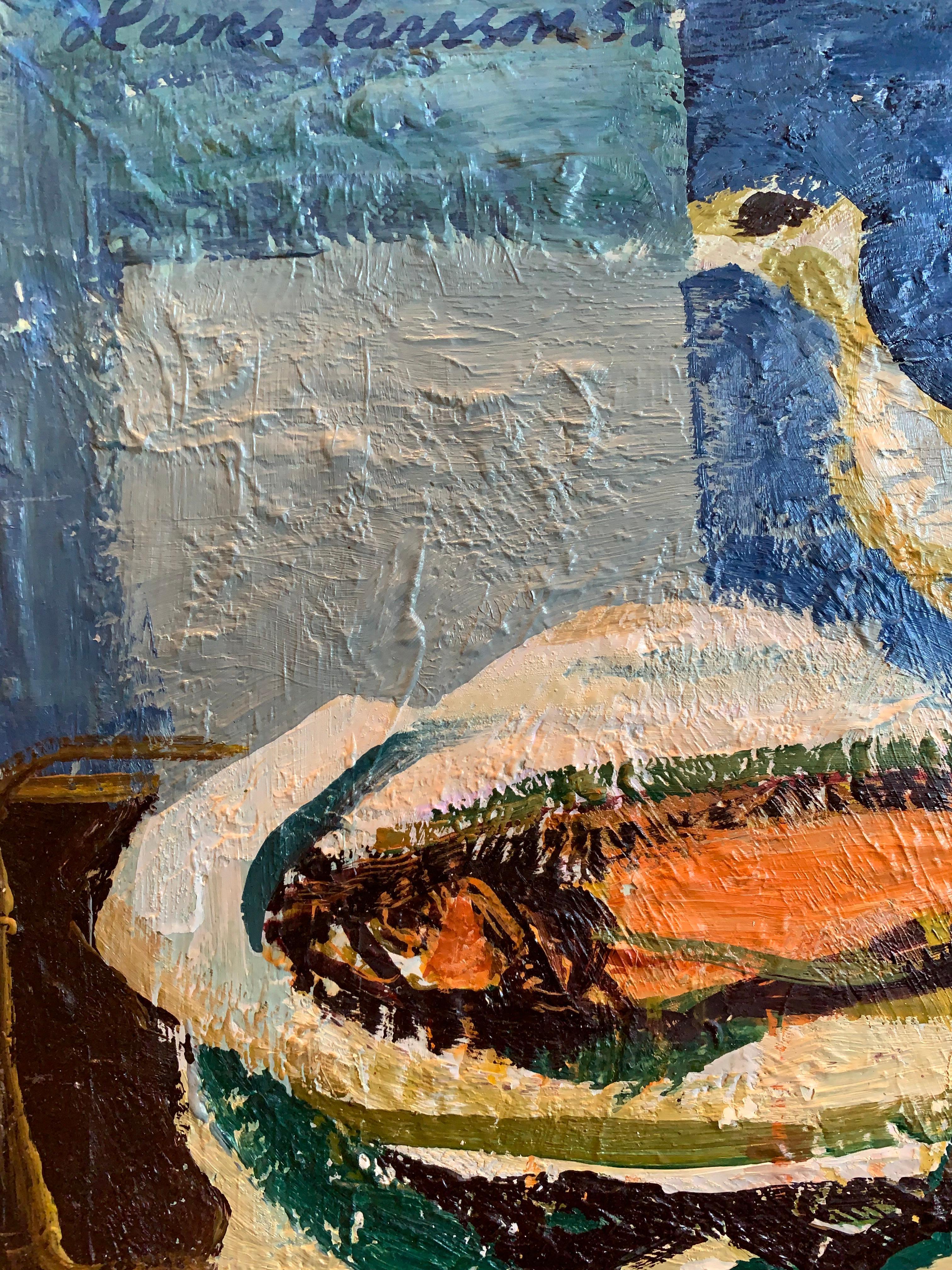 Svedese 1952 Olio svedese su tavola di Hans Larsson (1910-1973) raffigurante una teiera e un'aringa in vendita