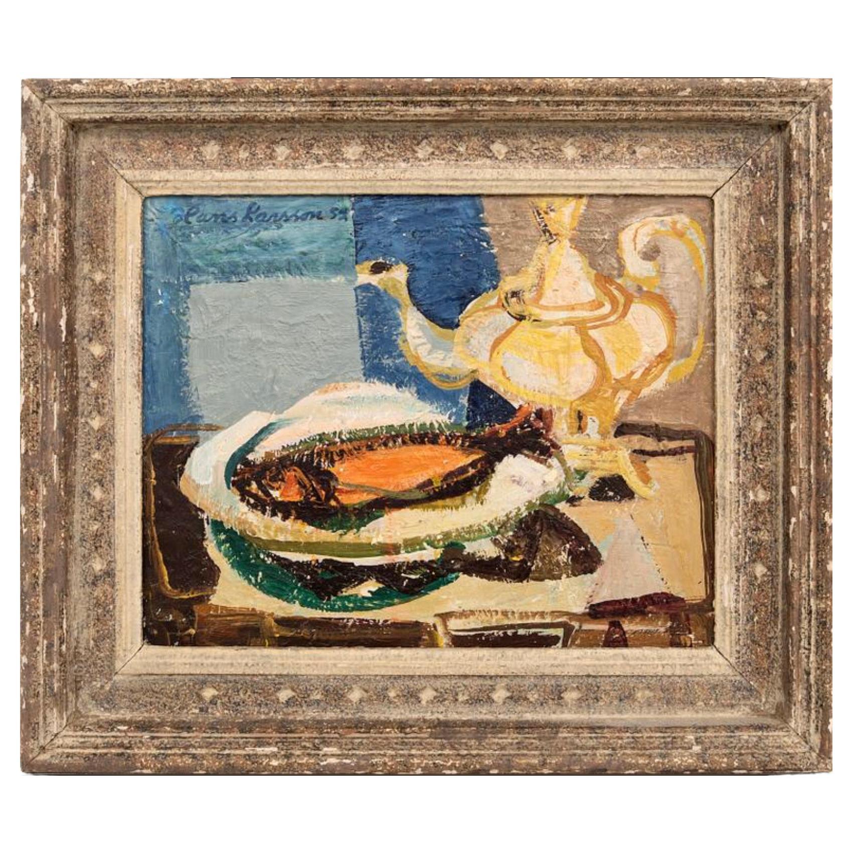 1952 Olio svedese su tavola di Hans Larsson (1910-1973) raffigurante una teiera e un'aringa in vendita