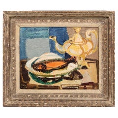 1952 Swedish oil on board by Hans Larsson (1910-1973) of Tea pot & herring