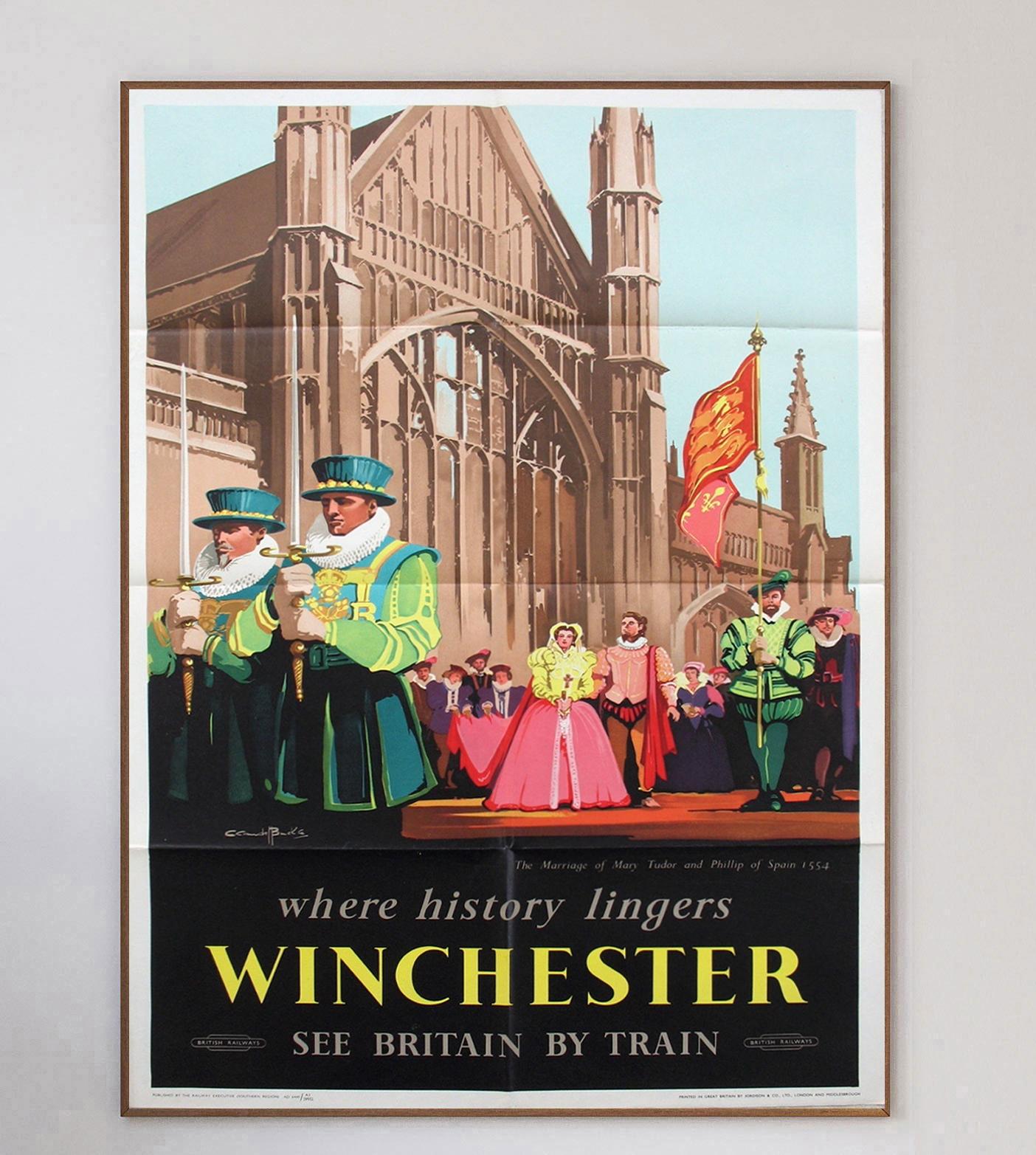Showing the Royal Couple Mary Tudor and Phillip of Spain at their wedding in 1554, this poster created for British Railways to advertise Winchester was part of a small series by the company with artwork from Claude Henry Buckle to promote the