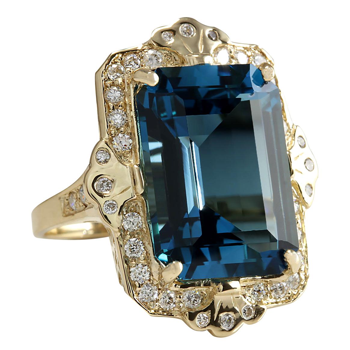 19.53 Carat Natural Topaz 14 Karat Yellow Gold Diamond Ring
Stamped: 14K Yellow Gold
Total Ring Weight: 11.5 Grams
Total Natural Topaz Weight is 18.63 Carat (Measures: 18.00x13.00 mm)
Color: London Blue
Total Natural Diamond Weight is 0.90