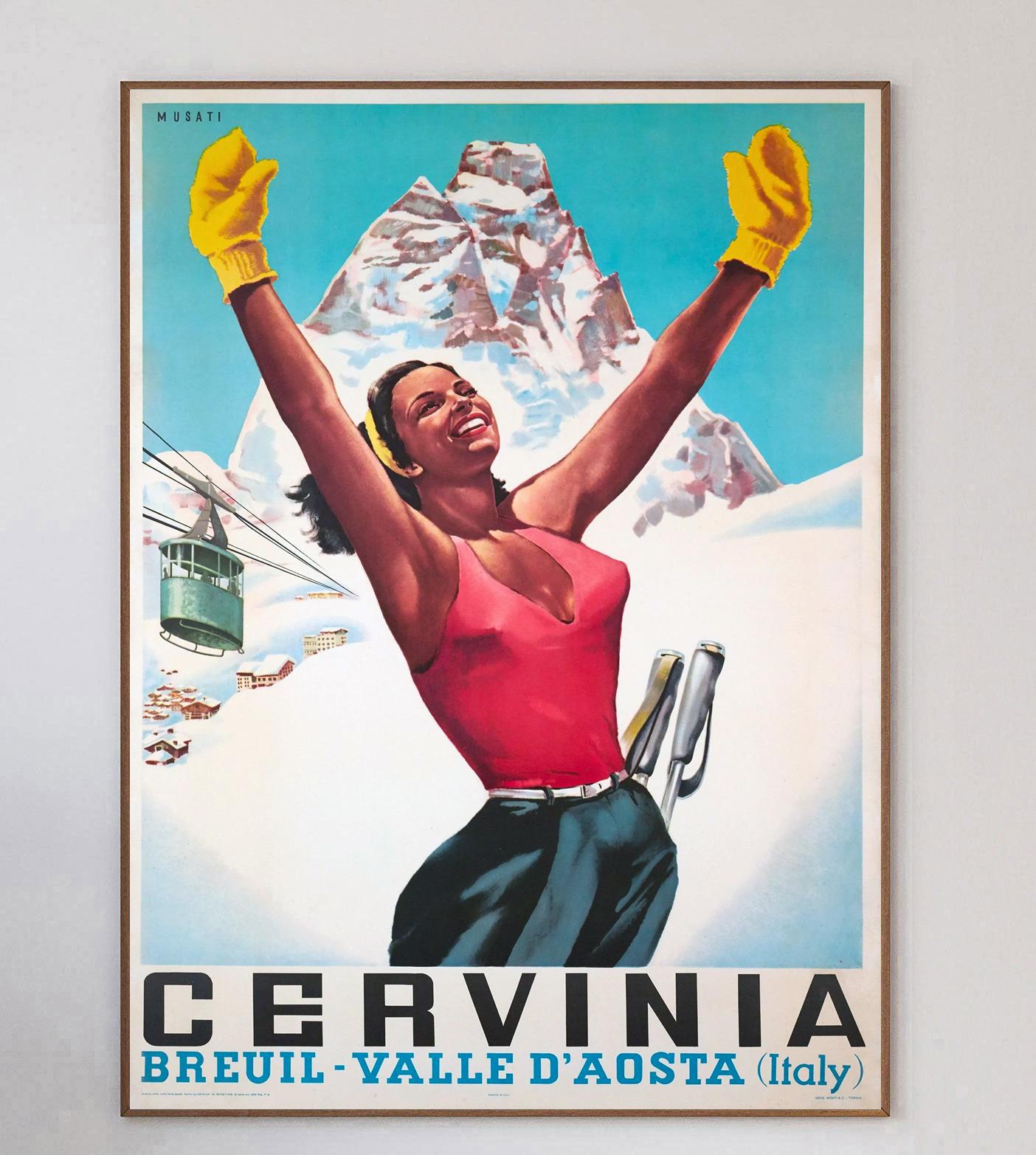 Schönes lebendiges Plakat aus dem Jahr 1953, das für den Skiort Cervinia in der Region Aosta im Nordwesten Italiens wirbt. Dieses Plakat wurde erstellt, um die Region bei Touristen in ganz Europa bekannt zu machen.

Das wunderbare Kunstwerk des