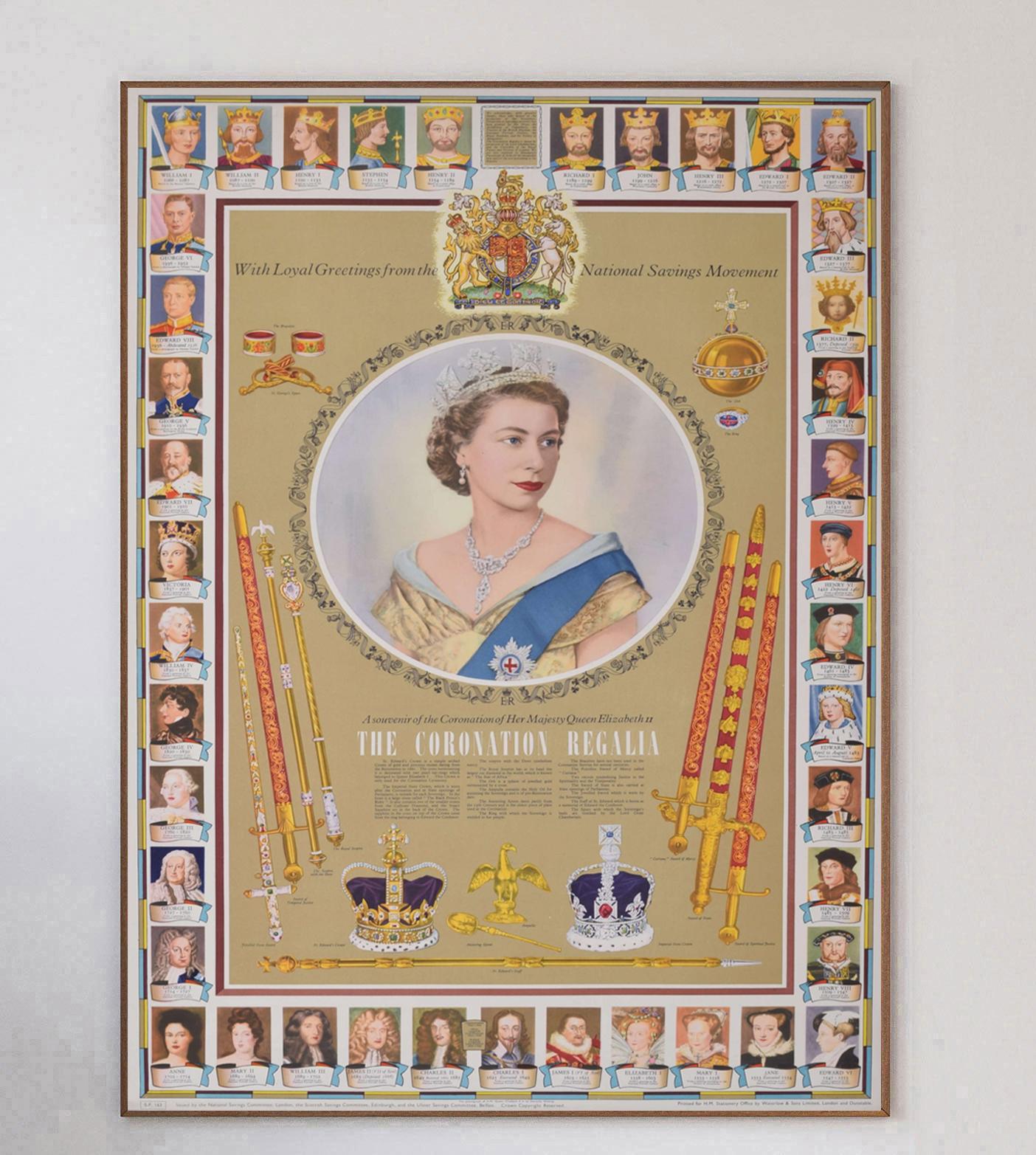 A stunning piece of Royalist & British history, this 1953 poster was produced by the National Savings Committee to commemorate the coronation of Her Majesty Queen Elizabeth II on 2nd June 1953. The National Savings Committee were founded in World