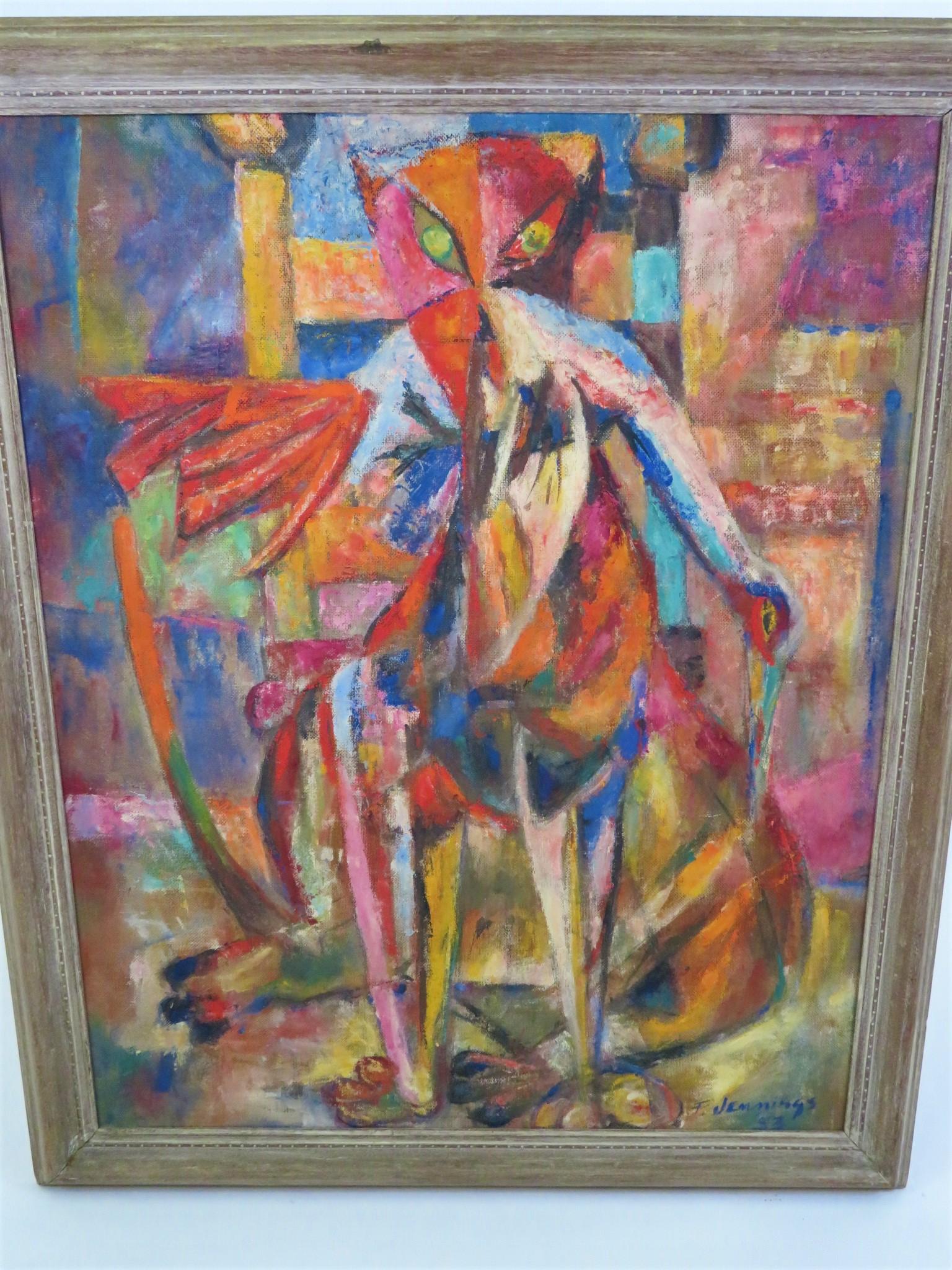 Francis Jennings (b. Wilmington, DE 1910 - 1993 NYC) painted this framed surreal cubist oil on board in 1953 while residing in NYC. In vivid colors, Jennings depicted a large cat with a large bird in his mouth, probably bringing indoors as a gift to
