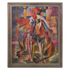 1953 Francis Jennings Mid Century Modern Painting "Fat Cat and Bird" Oil/ Board