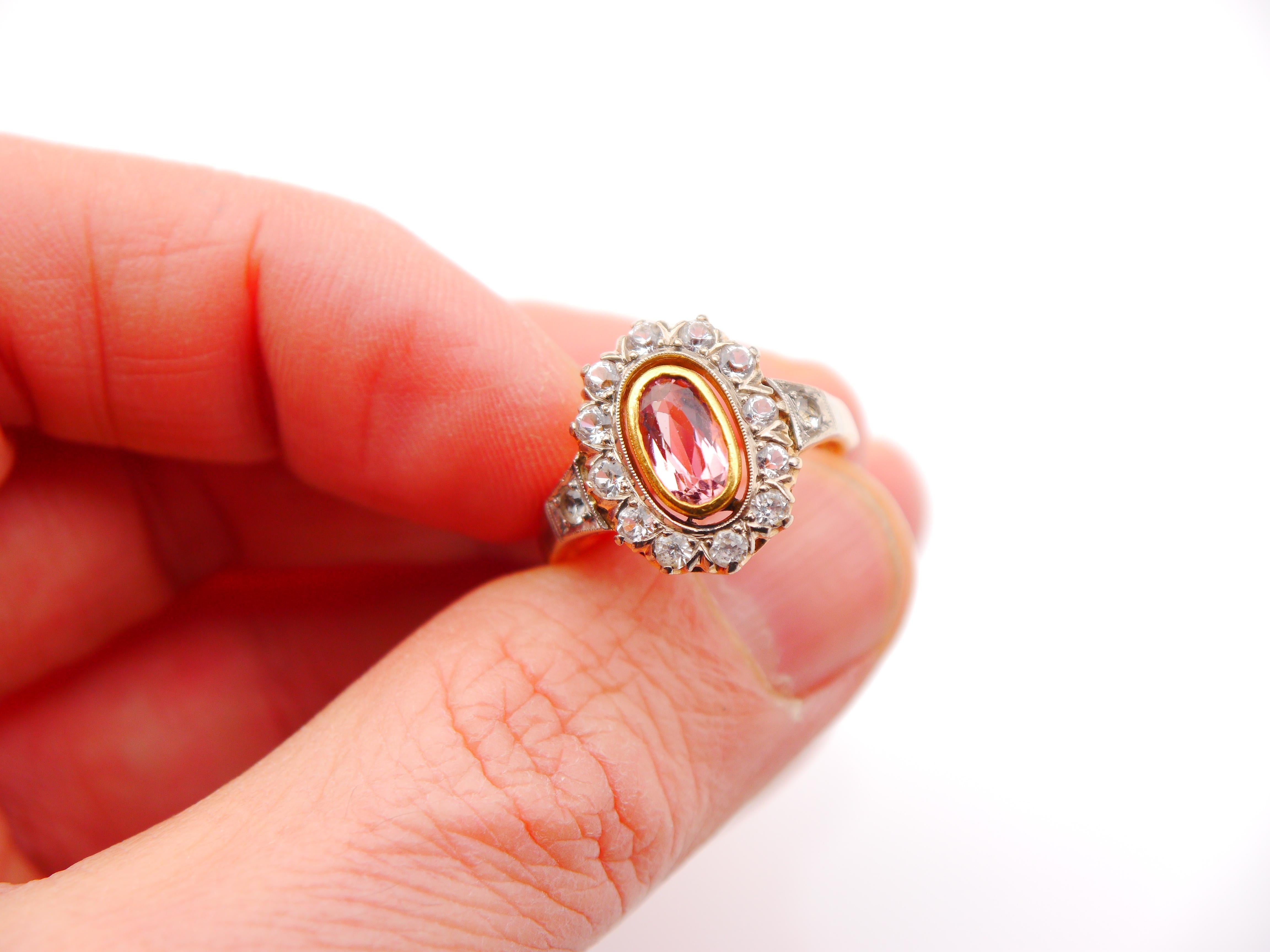 1953 Halo Ring Tourmaline Rock Quartz solid 18K Gold White Gold Ø 9.75US/ 7.4gr For Sale 6