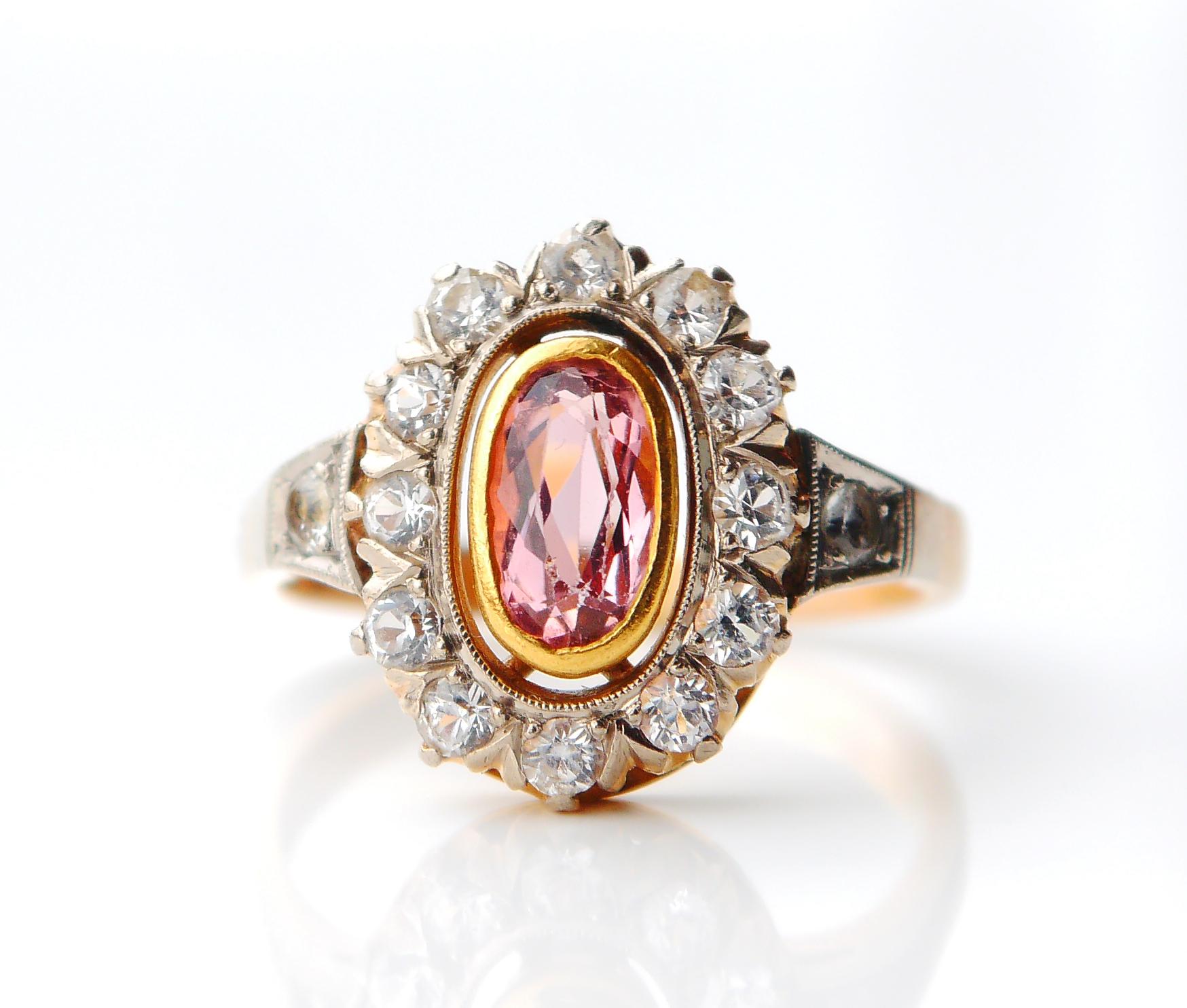 Vintage Tourmaline and Rock Quartz Halo ring in solid 18K Yellow Gold.

Crown 1is 7 mm x 13 mm x 6 mm deep with top in White Gold or Platinum, clusters with oval cut natural Tourmaline and 14 old European diamond cut White Quartz stones.
Tourmaline