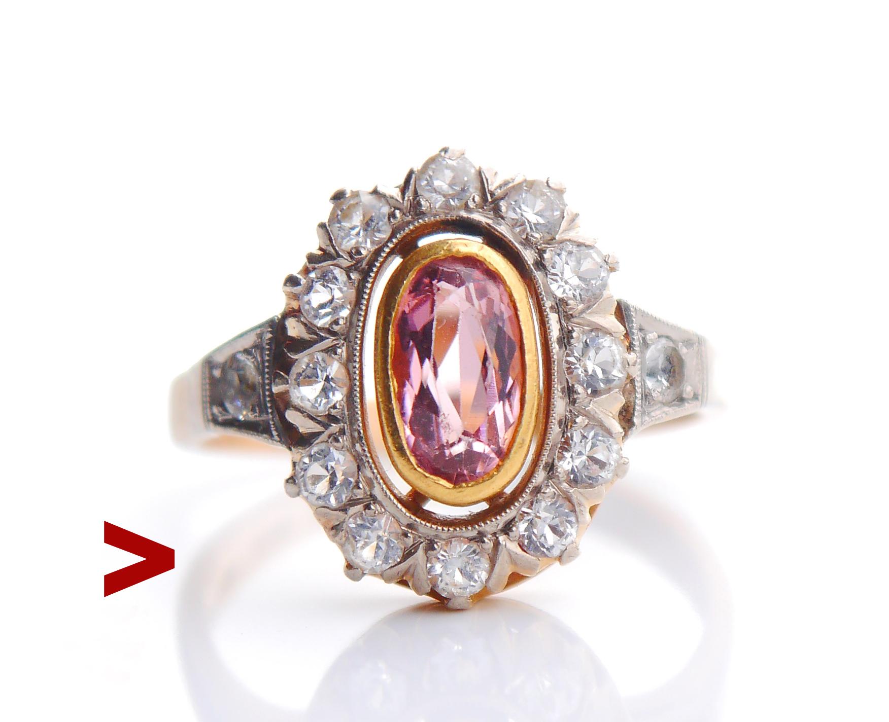 1953 Halo Ring Tourmaline Rock Quartz solid 18K Gold White Gold Ø 9.75US/ 7.4gr For Sale 1
