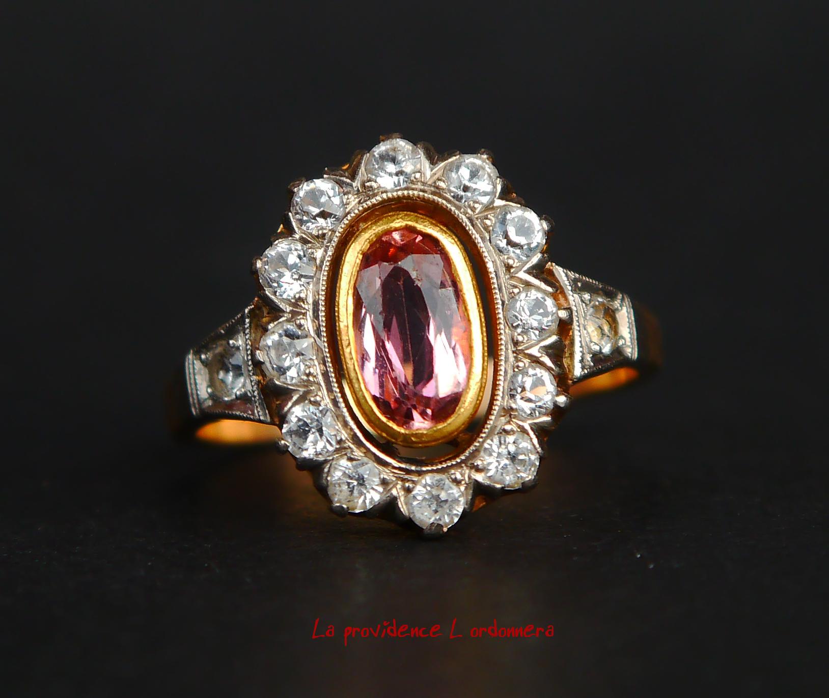 1953 Halo Ring Tourmaline Rock Quartz solid 18K Gold White Gold Ø 9.75US/ 7.4gr For Sale 3