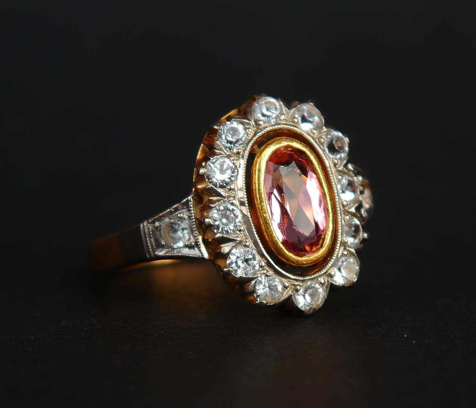 1953 Halo Ring Tourmaline Rock Quartz solid 18K Gold White Gold Ø 9.75US/ 7.4gr For Sale 4