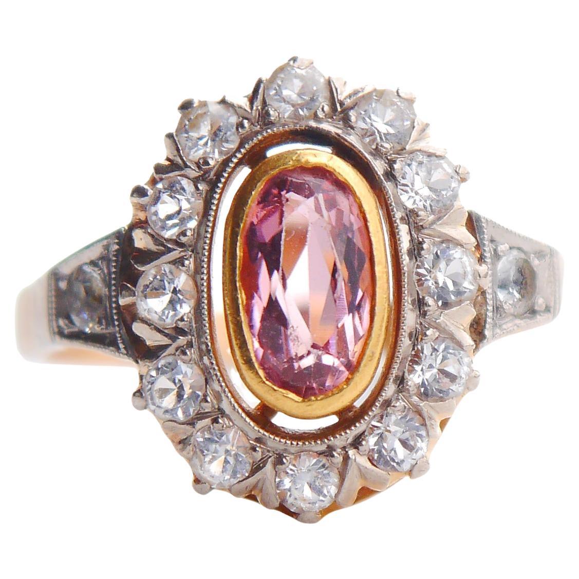 1953 Halo Ring Tourmaline Rock Quartz solid 18K Gold White Gold Ø 9.75US/ 7.4gr