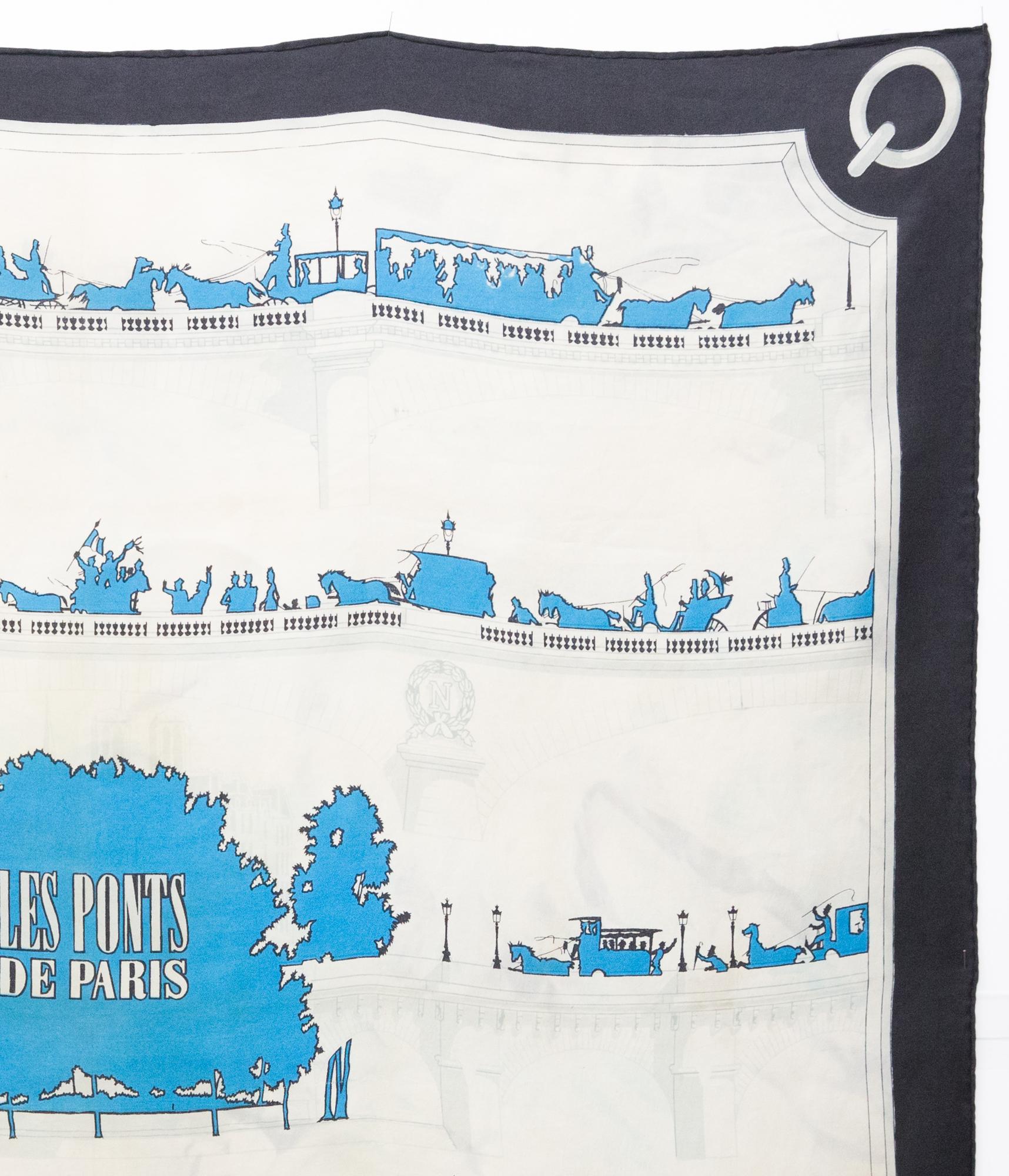 Gray 1953 Hermes Blue Les Ponts de Paris by H Grygkar Silk Scarf For Sale