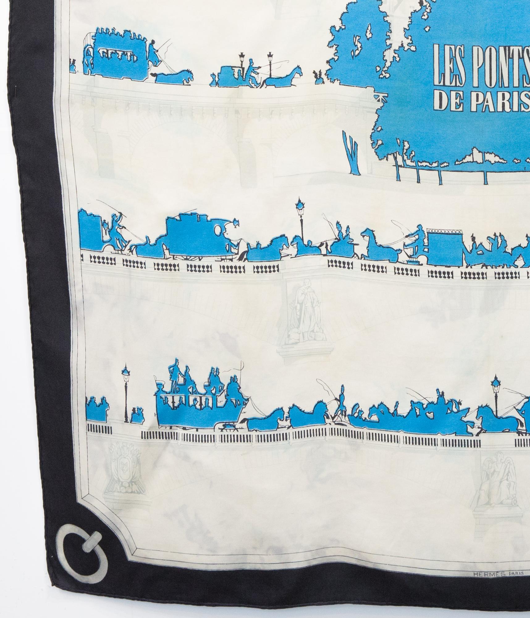 Écharpe en soie bleue Les Ponts de Paris d'Hugo Grygkar pour Hermès, 1953 Unisexe en vente