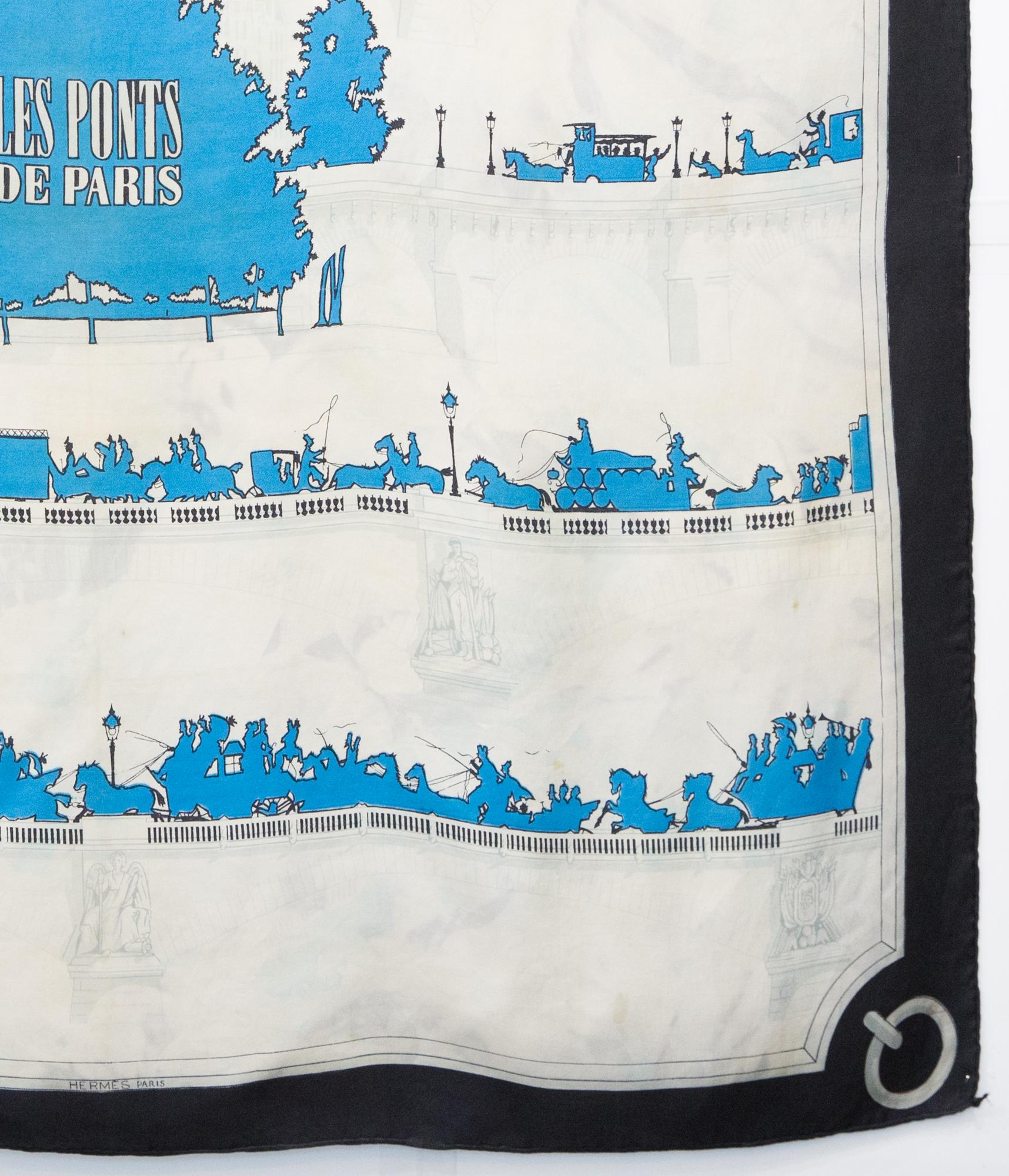 Écharpe en soie bleue Les Ponts de Paris d'Hugo Grygkar pour Hermès, 1953 en vente 1