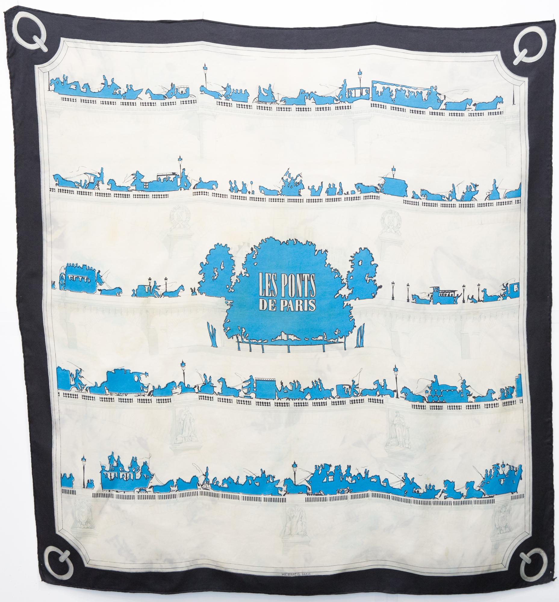 1953 Hermes Blue Les Ponts de Paris by H Grygkar Silk Scarf For Sale 4