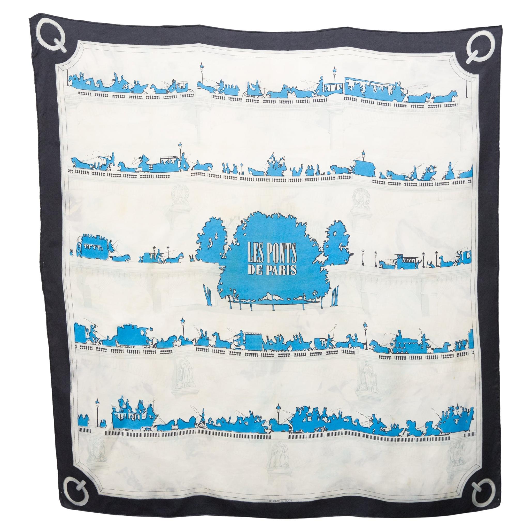 Écharpe en soie bleue Les Ponts de Paris d'Hugo Grygkar pour Hermès, 1953 en vente