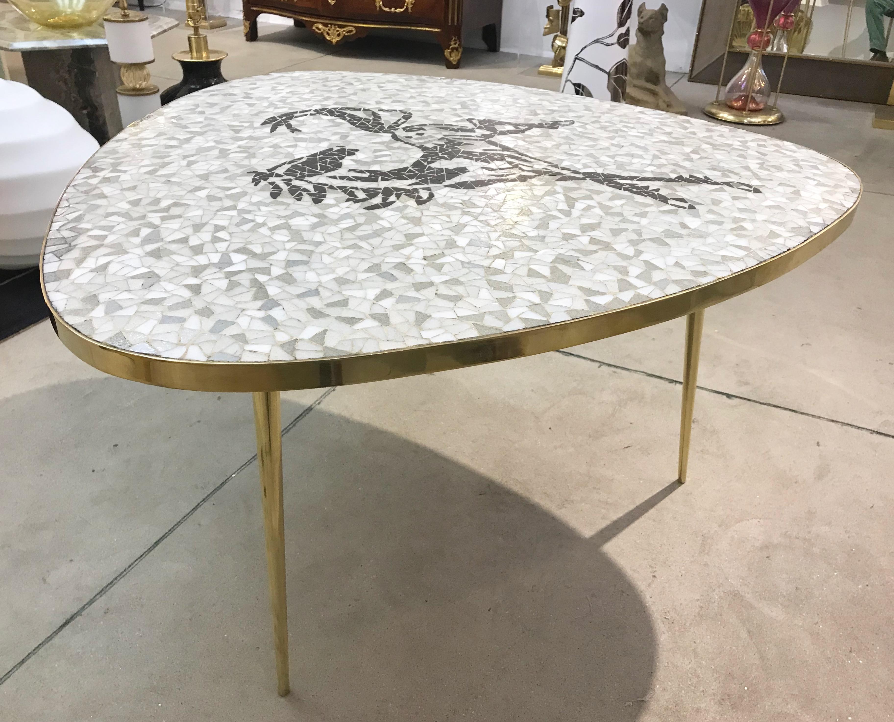 1953 Italian Vintage Black White Gray Horse Mosaic Brass Dining / Coffee Table For Sale 10