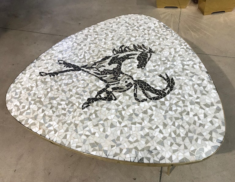 Mid-Century Modern 1953 Italian Vintage Black White Gray Horse Mosaic Brass Dining / Coffee Table For Sale
